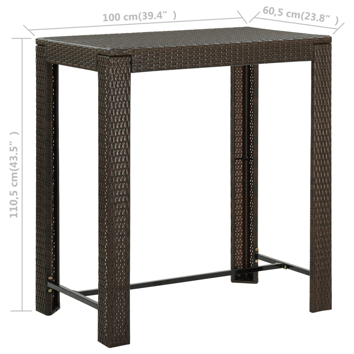 Ein brauner Korbtisch mit schwarzen Metallstützen. Abmessungen sind beschriftet, mit Maßen in cm und Zoll.