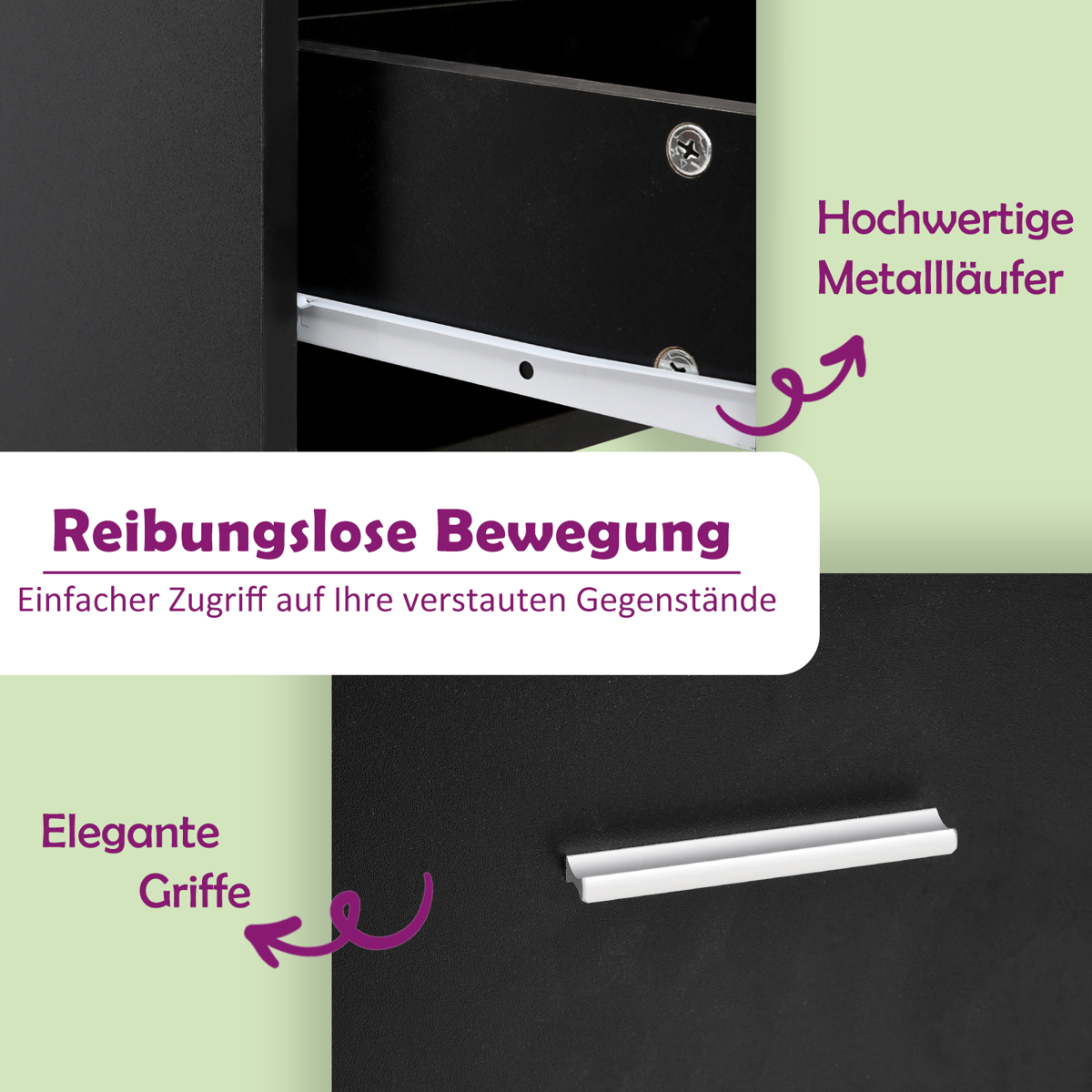 Schwarzer Schrank mit weißen Schubladenschienen und Griff. Text sagt 'Reibungslose Bewegung' und 'Elegante Griffe'. Hintergrund ist grün.