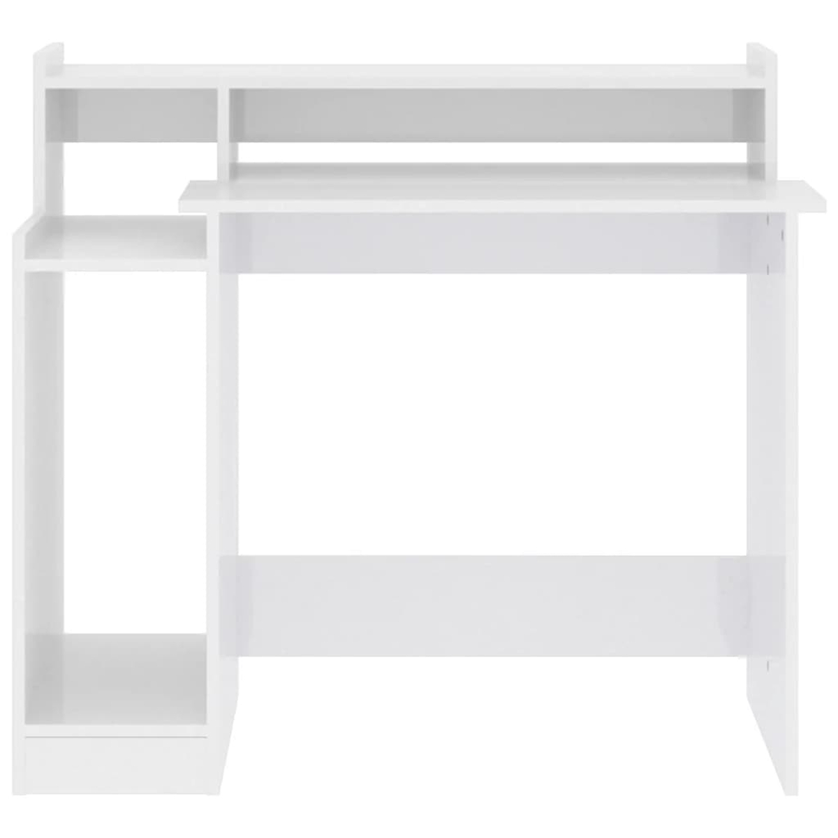 Ein weißer Computertisch mit Stauraum und einem erhöhten Regal. Der Schreibtisch hat ein sauberes, modernes Design.
