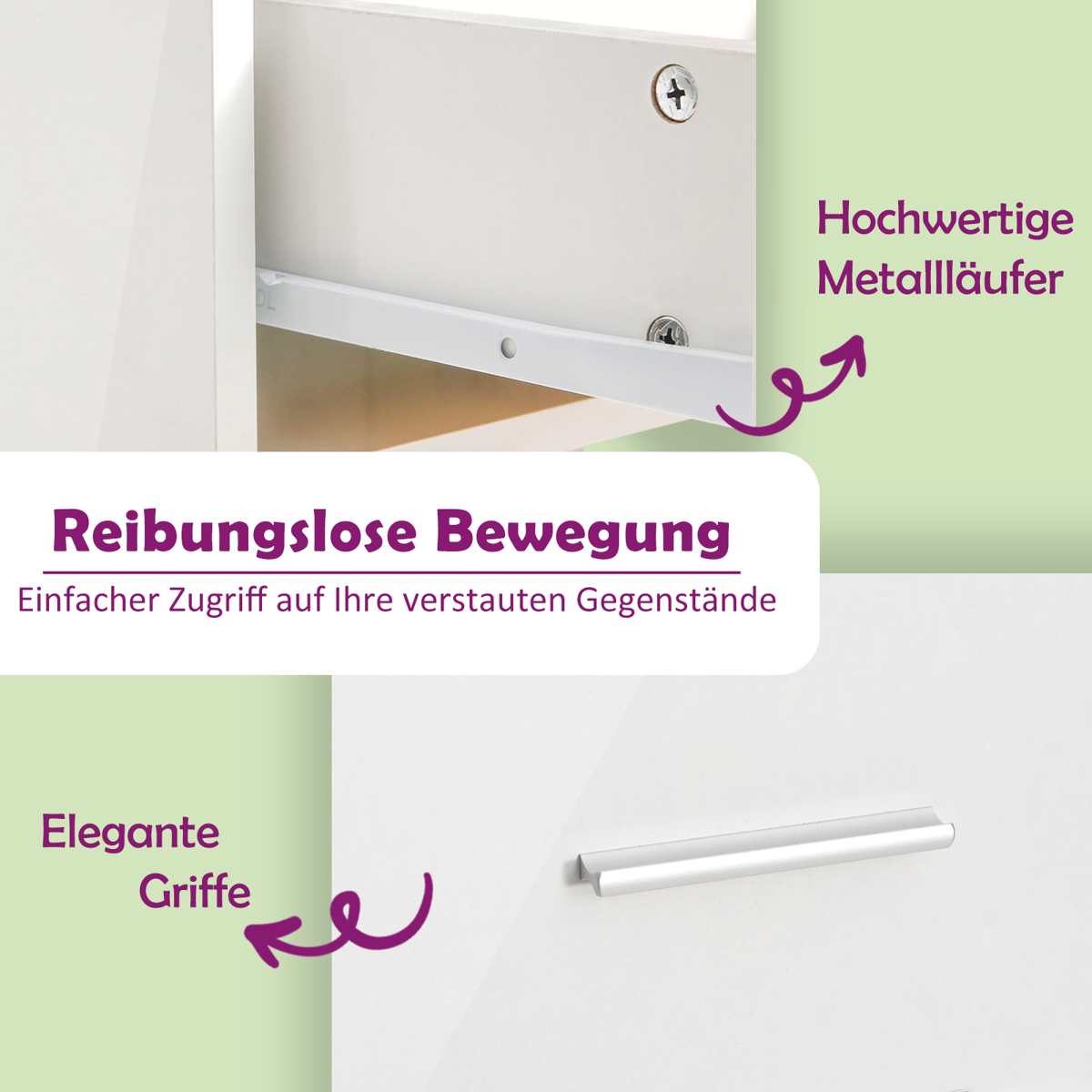 Nahaufnahme einer weißen Schublade mit Metallgriff. Text liest sich: 'Reibungslose Bewegung' und 'Elegante Griffe'.