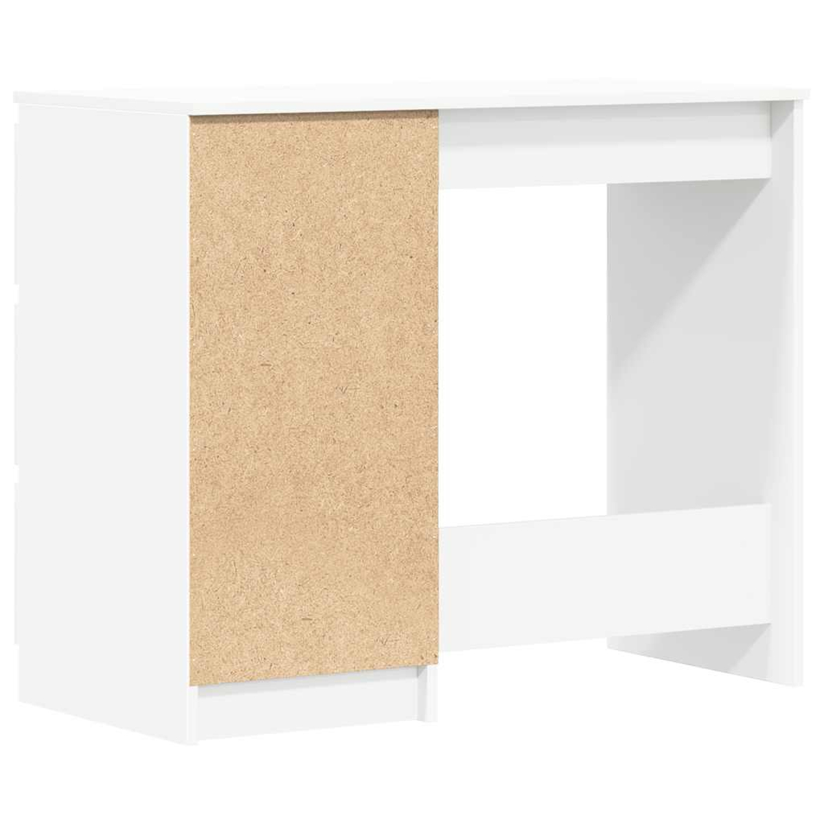 Ein weißer Schreibtisch mit einer hellbraunen Holzplatte an der Seite. Der Schreibtisch hat eine rechteckige Form mit einem offenen Raum.