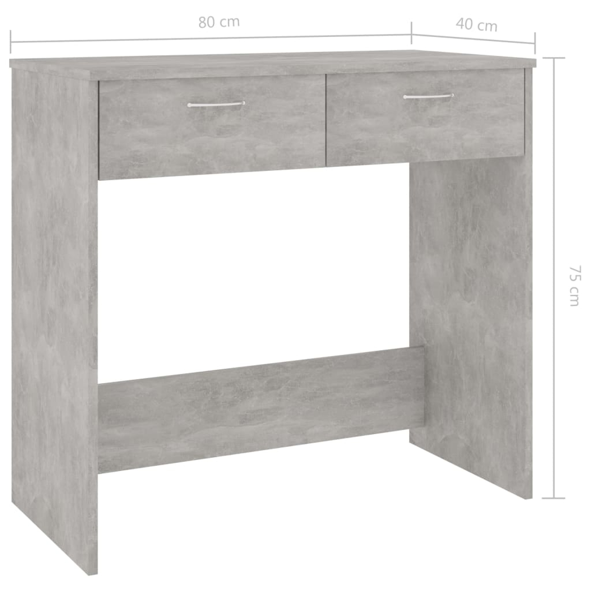 Ein grauer Schreibtisch im Beton-Stil mit zwei Schubladen und einem unteren Stützbalken. Abmessungen sind angegeben.