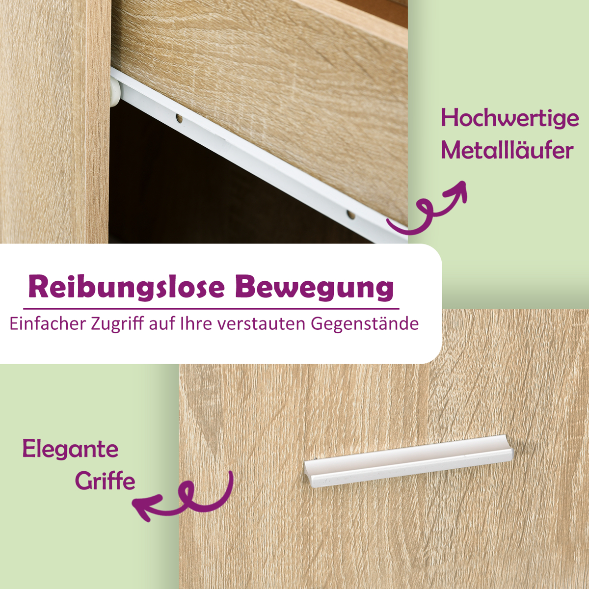 Nahaufnahme eines Holzschrankdetails. Weiße Metallläufer und Griff sind sichtbar. Text auf Deutsch hebt reibungslose Bewegung und elegante Griffe hervor.