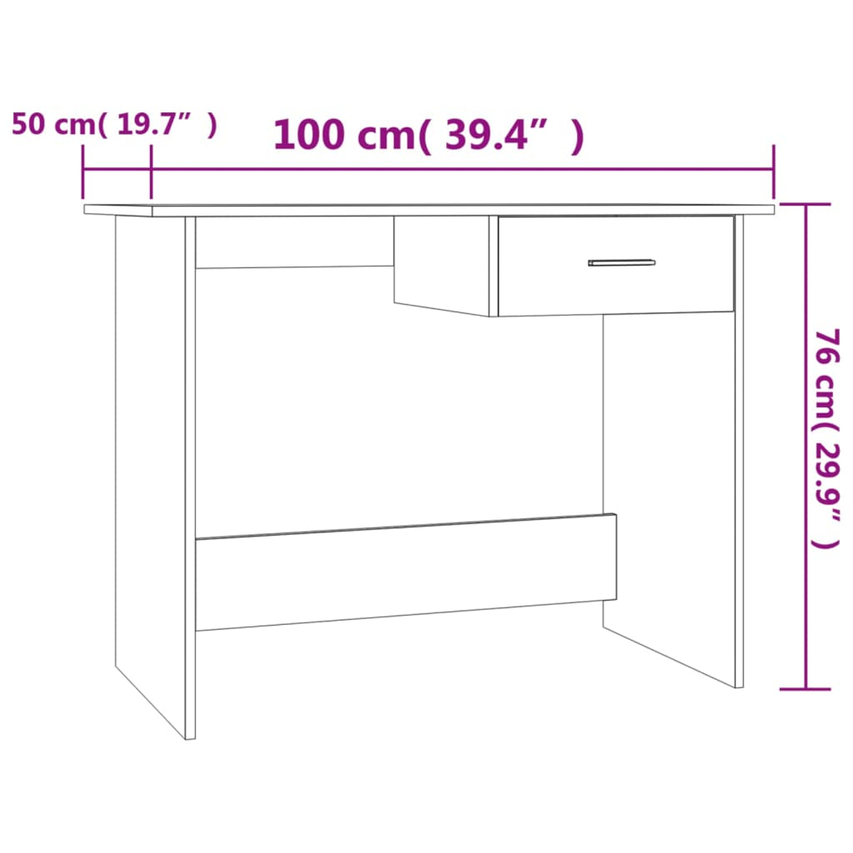 Strichzeichnung eines Schreibtisches. Maße sind angegeben: 100 cm breit, 76 cm hoch und 50 cm tief. Hat eine Schublade rechts.