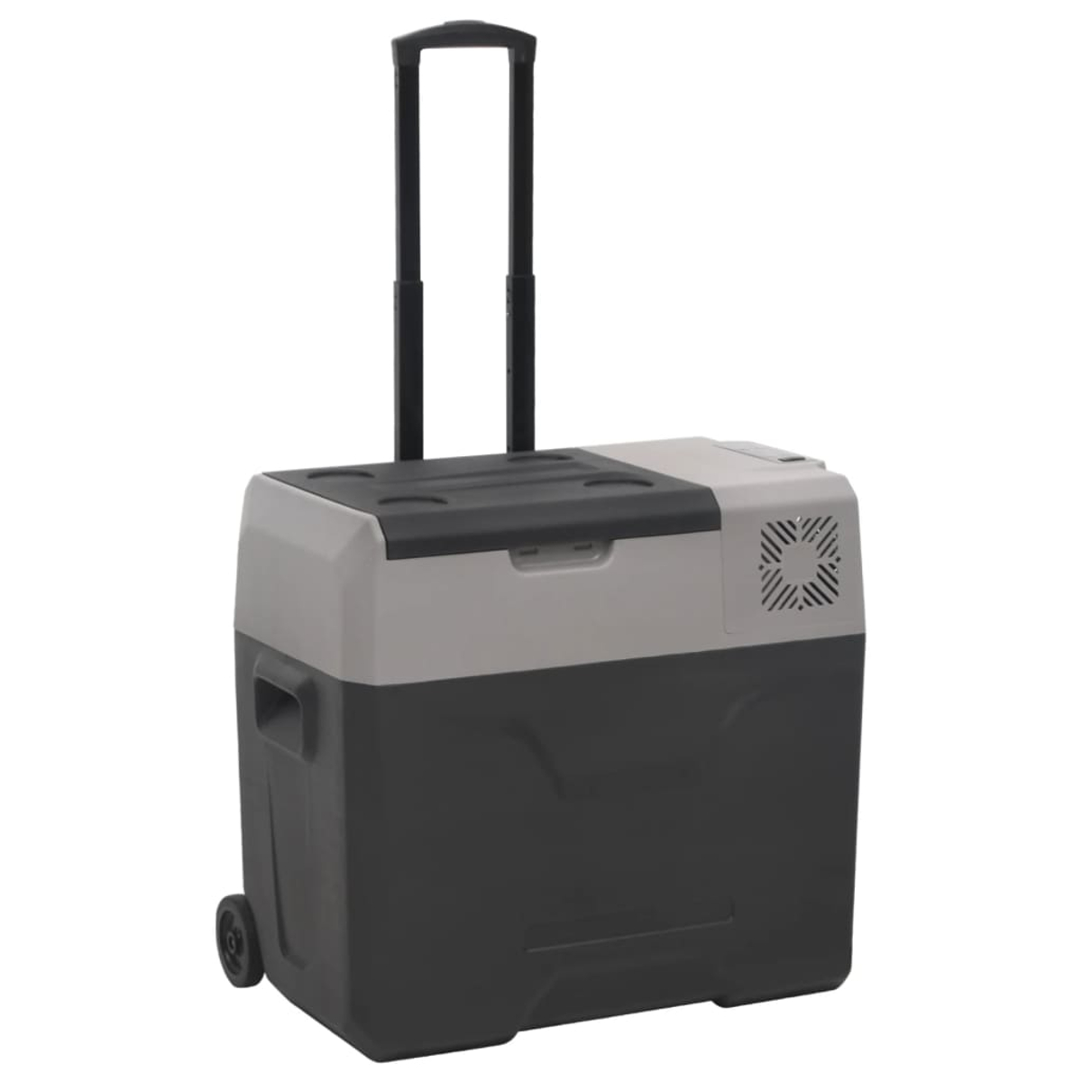 Eine tragbare Kühlbox auf Rädern mit ausziehbarem Griff. Die Kühlbox ist grau und schwarz mit einem Lüfter und einem Griff zum Ziehen.