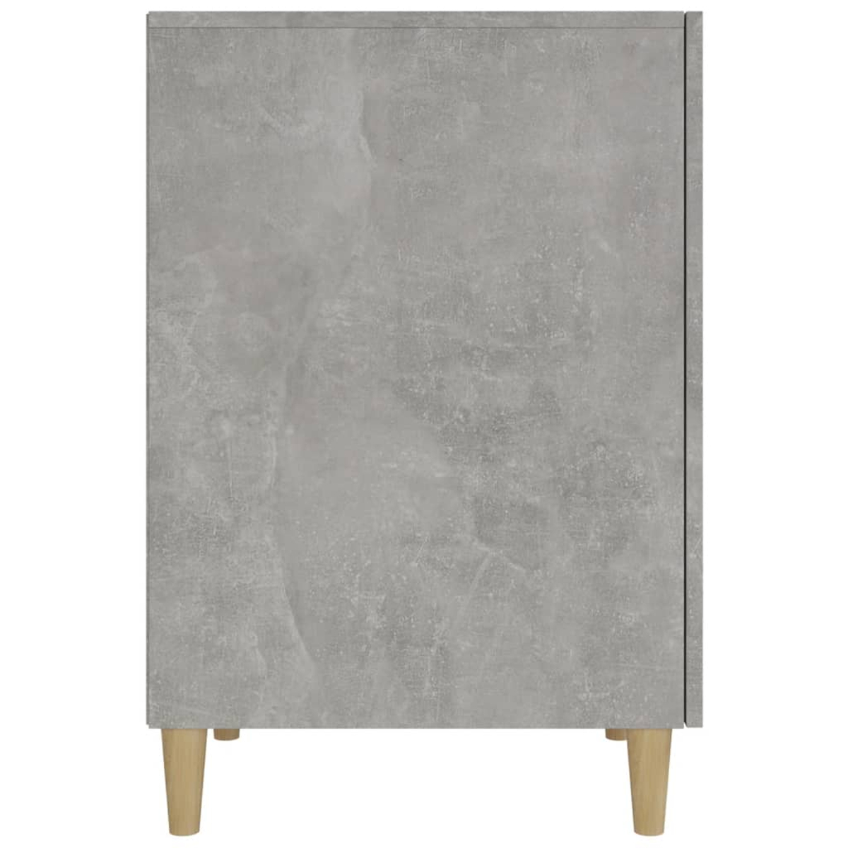 Ein grauer Schrank mit betonartiger Textur. Er hat Holzbeine. Der Schrank ist von der Seite vor einem weißen Hintergrund zu sehen.