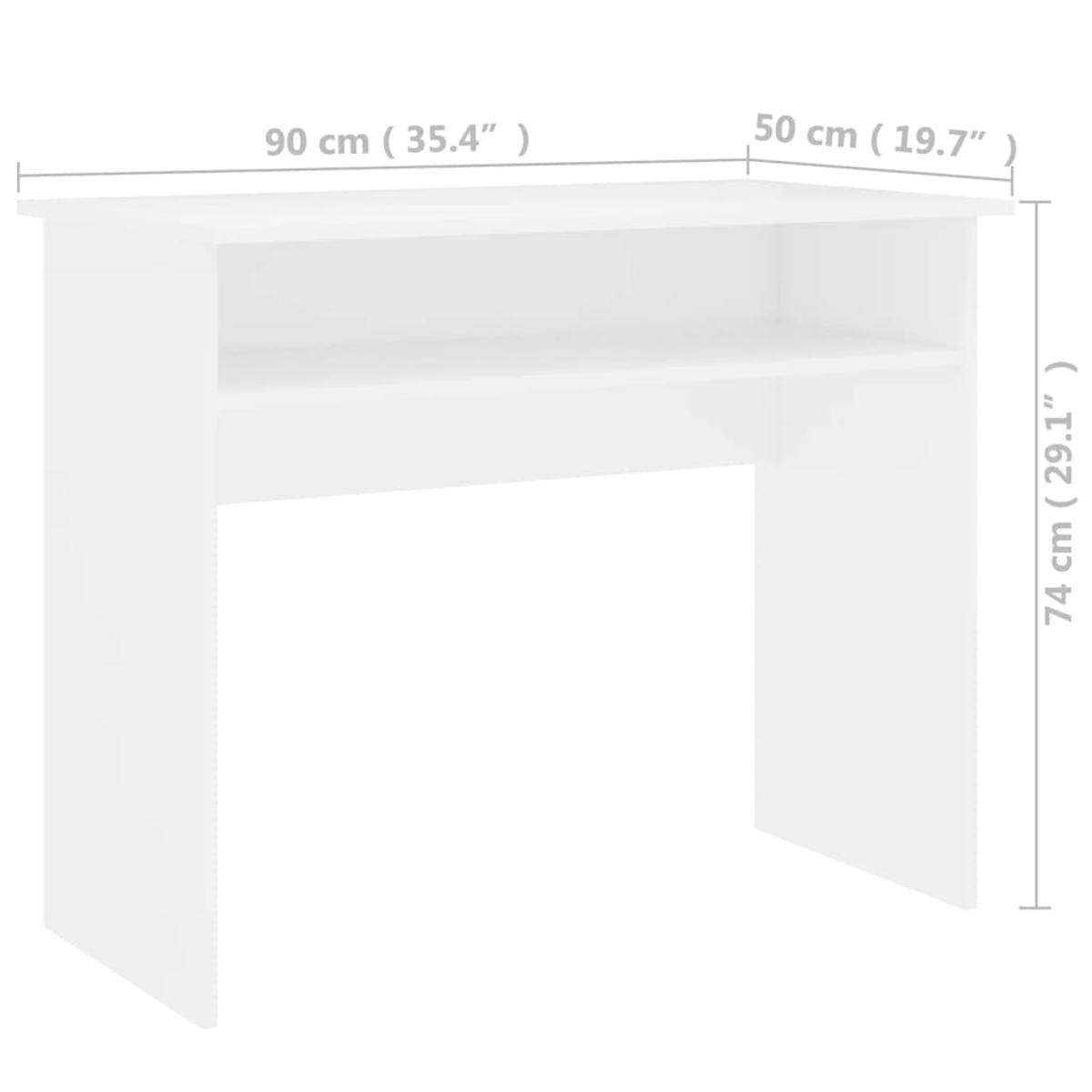 Ein weißer Schreibtisch mit einem Regal und zwei Beinen. Die Abmessungen sind angegeben: 90 cm, 50 cm und 74 cm. Der Schreibtisch ist sauber und einfach.