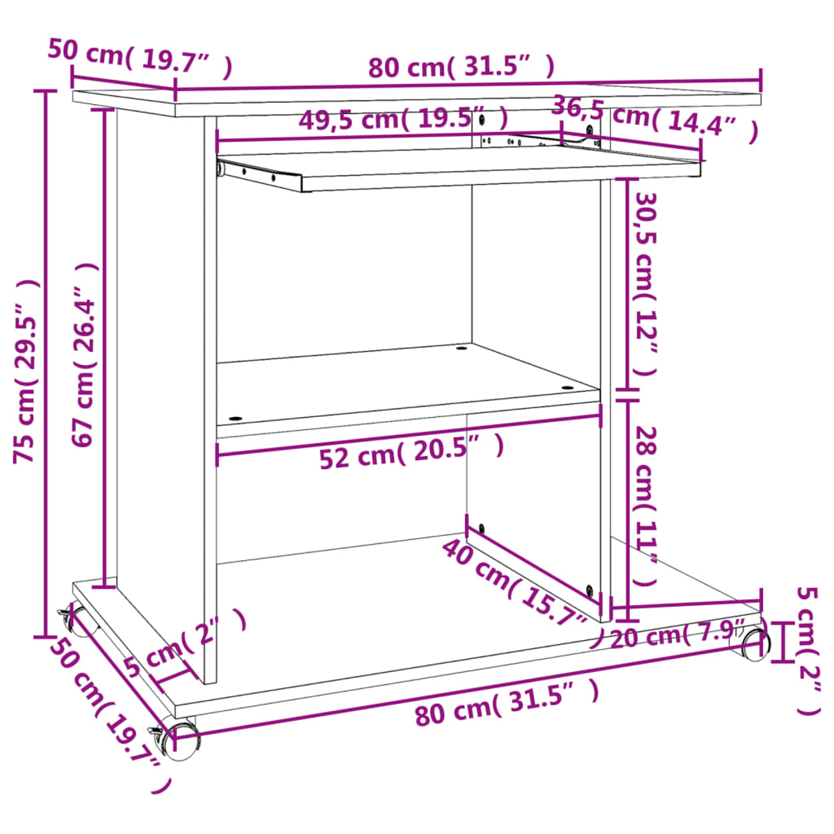 Diagramm eines weißen Schrankes auf Rädern, mit Abmessungen in cm und Zoll an Seiten und Oberseite beschriftet.