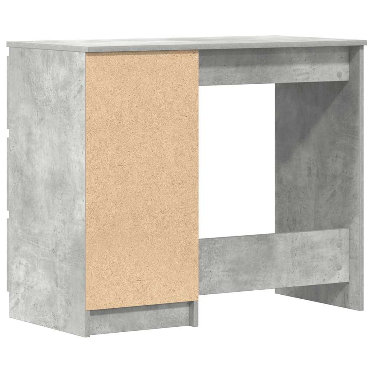 Ein grauer Schreibtisch in Betonoptik mit einer hellbraunen Holzseitenwand. Der Schreibtisch hat eine hohle Mitte.