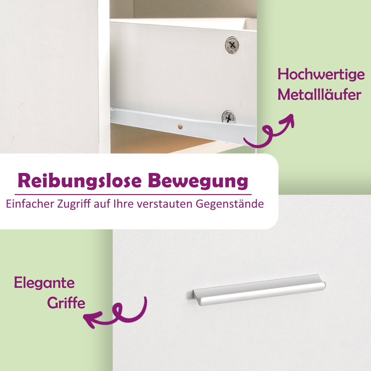 Weißer Schrank mit offener Schublade. Text hebt reibungslose Bewegung, elegante Griffe und Metallläufer hervor. Die Schublade hat einen silbernen Griff.