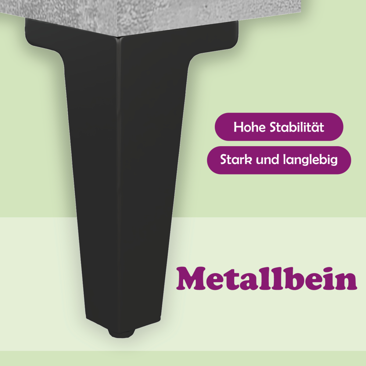 Nahaufnahme eines schwarzen Metalltischbeins. Der Text im Hintergrund lautet: Hohe Stabilität, stark und langlebig, Metallbein.