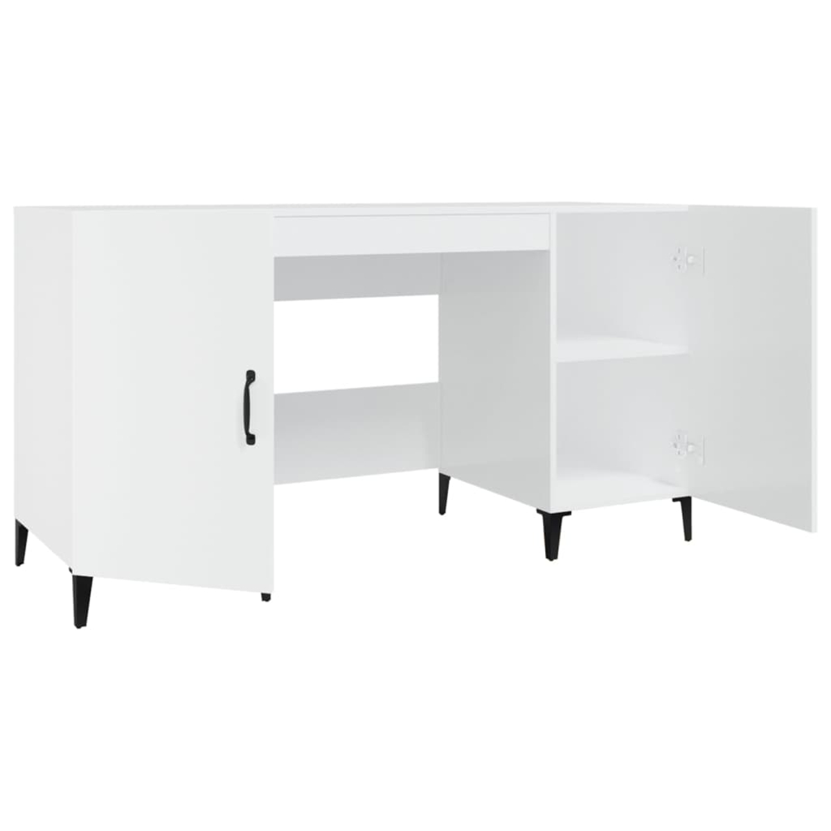 Weißer Schreibtisch mit schwarzen Beinen und Griffen. Eine Tür ist offen und zeigt ein Regal. Eine Schublade ist sichtbar. Der Hintergrund ist weiß.