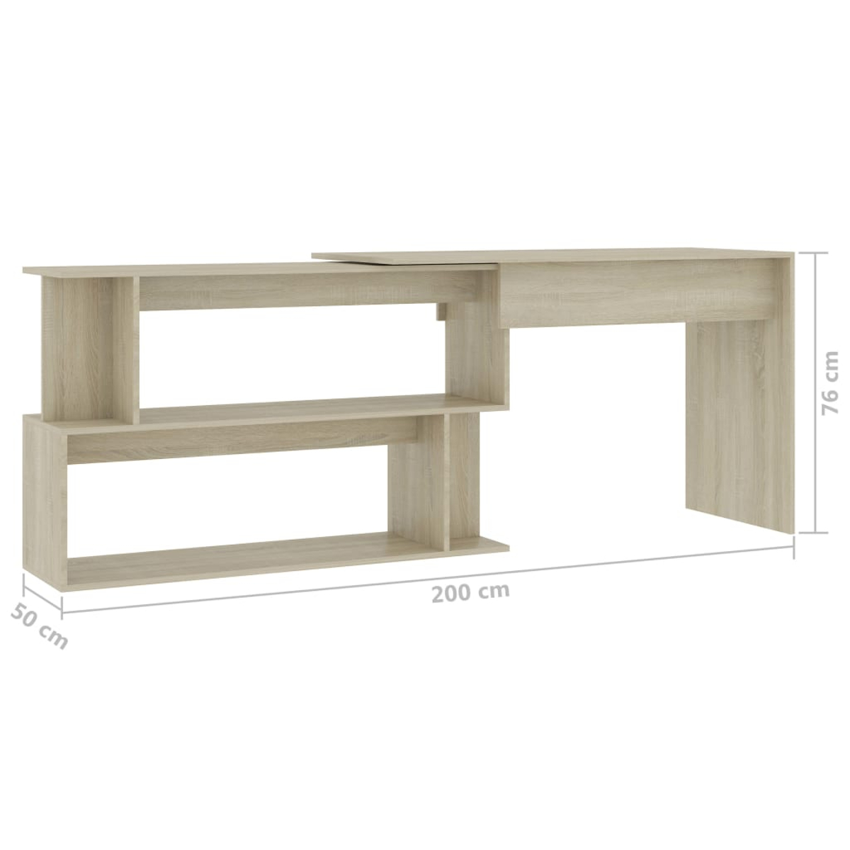 Ein heller Holzschreibtisch mit Regalen. Er hat die Abmessungen 200 cm Länge, 50 cm Breite und 76 cm Höhe.