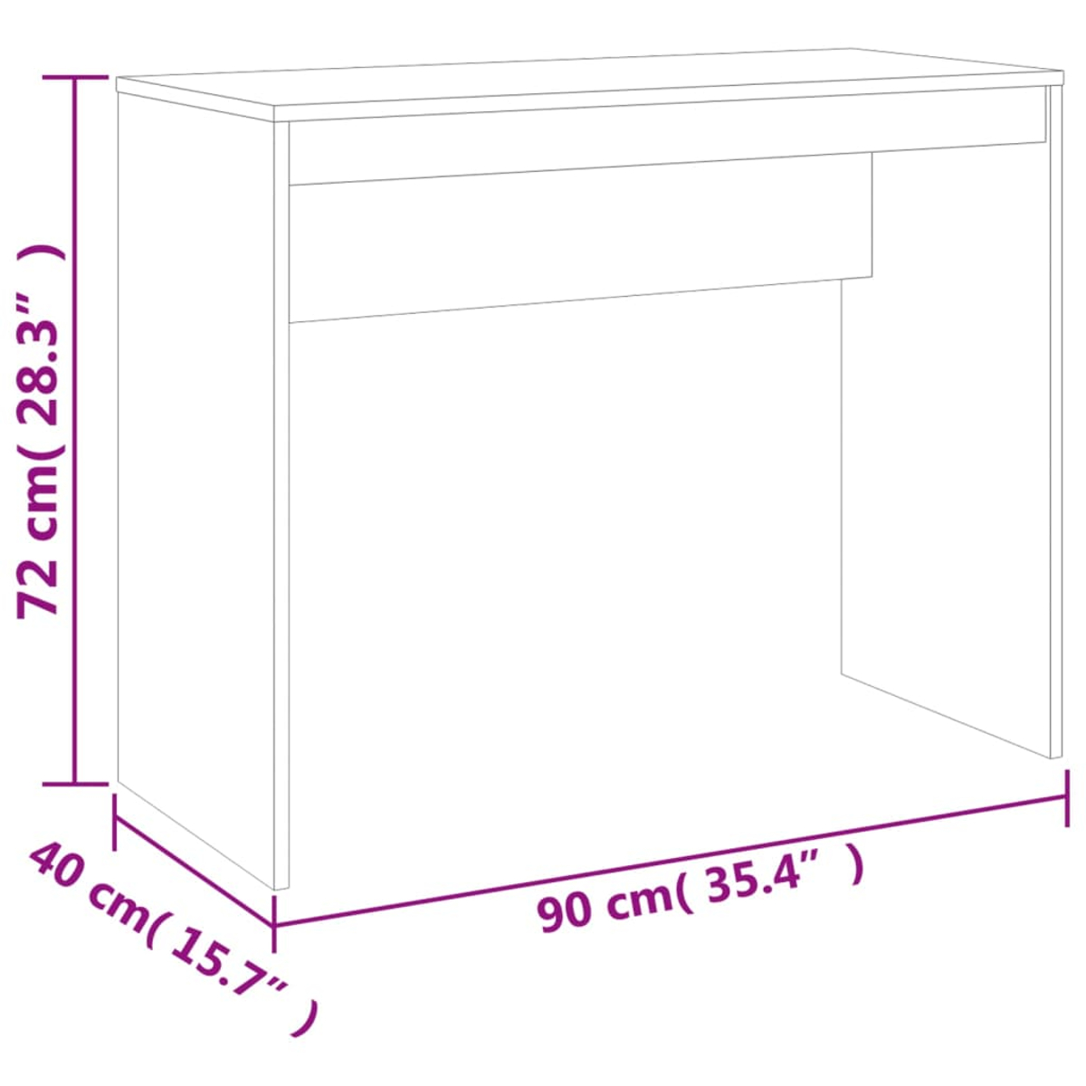 Ein weißer Schreibtisch mit den Maßen: 72 cm hoch, 40 cm tief und 90 cm breit. Er hat eine Schublade und darunter Freiraum.