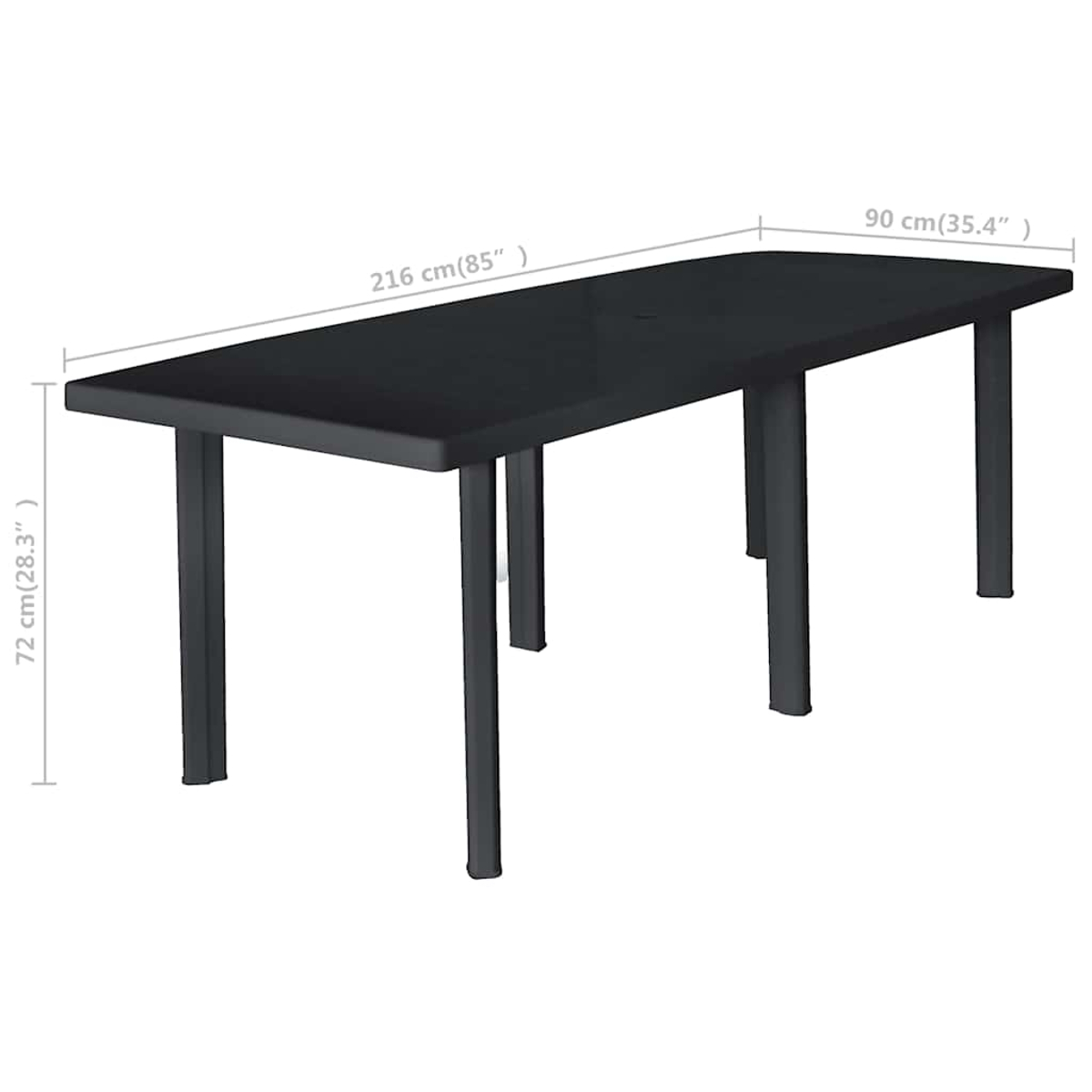 Ein schwarzer rechteckiger Tisch mit vier Beinen auf weißem Hintergrund. Abmessungen: 216cm x 90cm x 72cm.