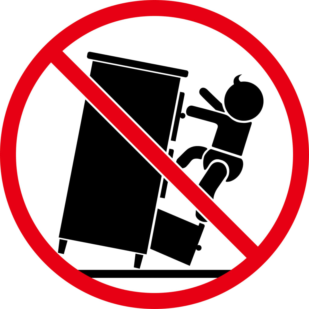 Warnschild: Ein Baby klettert auf einen Schrank, der umkippt. Das Bild befindet sich in einem roten Kreis mit roter Diagonale.