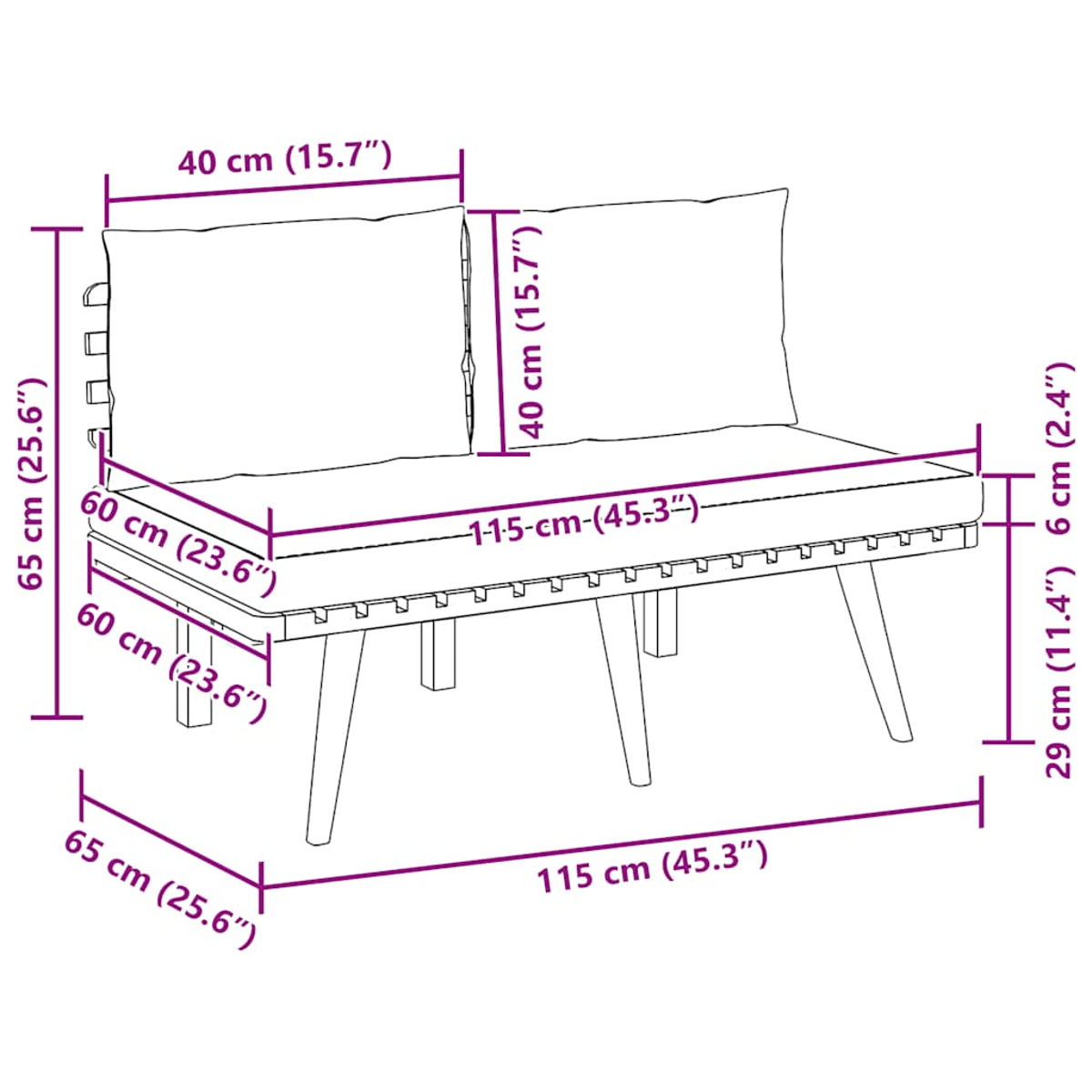 Ein Diagramm zeigt eine Holzbank mit in cm und Zoll beschrifteten Abmessungen. Es hat Kissen, Beine und eine Rückenlehne.