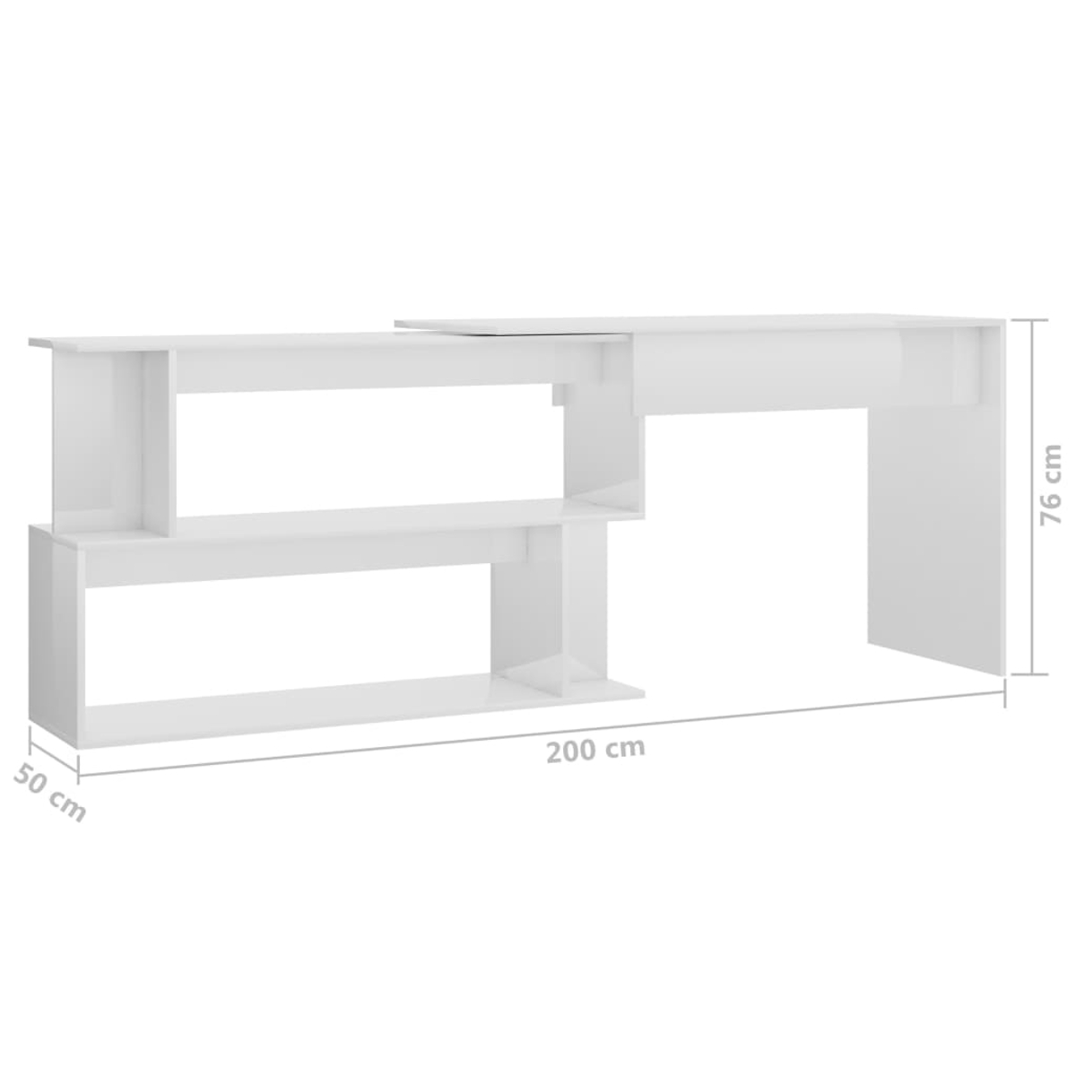 Ein weißer Schreibtisch mit Regalen und einem Tisch, die Abmessungen sind angegeben: 200 cm x 76 cm x 50 cm. Isoliert auf weißem Hintergrund.