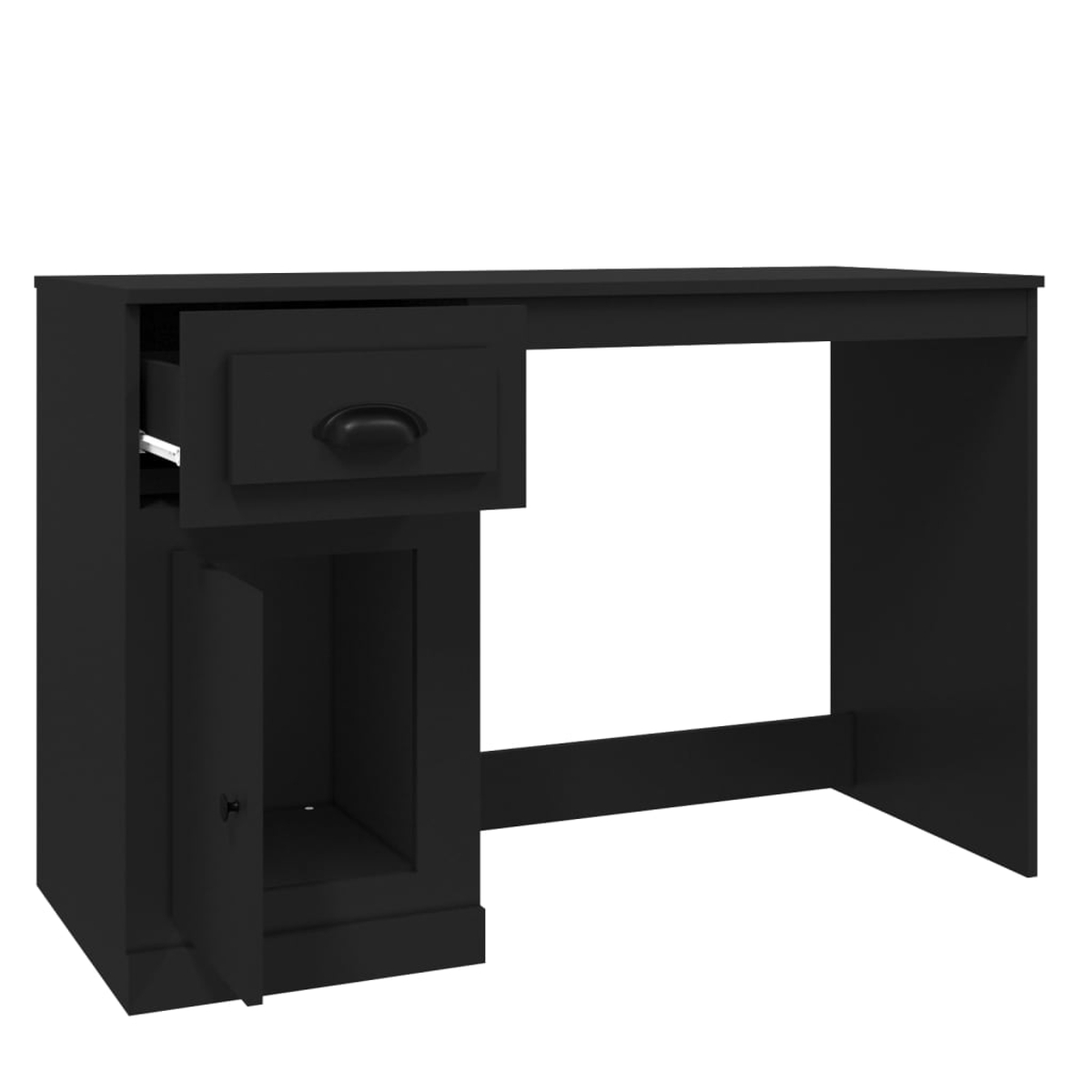 Ein schwarzer Schreibtisch mit einer offenen Schublade und Tür. Der Schreibtisch hat ein schlichtes Design mit rechteckiger Platte und Beinen.