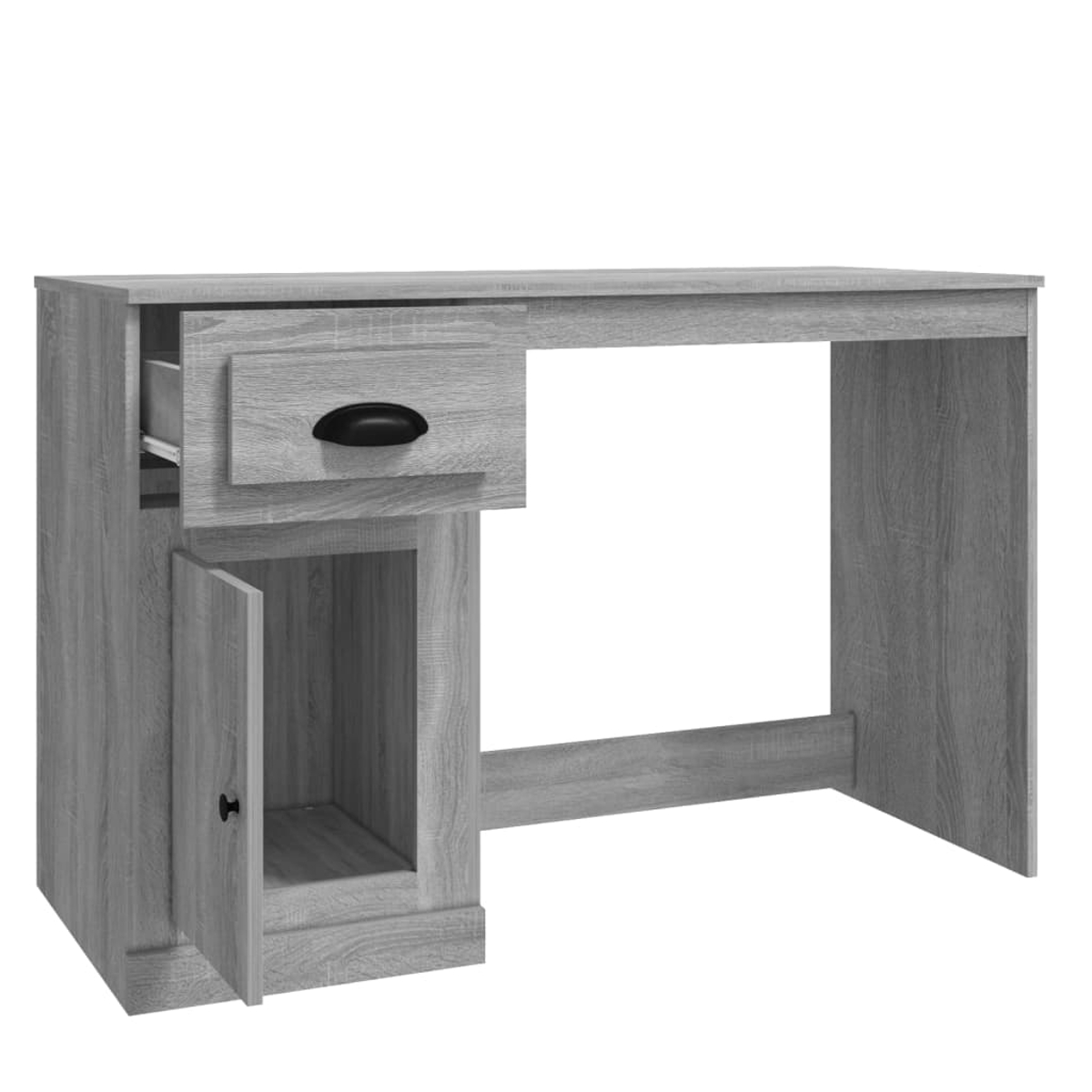 Grauer Holzschreibtisch mit offener Schublade, Schrank und schwarzem Griff. Der Schreibtisch hat ein schlichtes Design.
