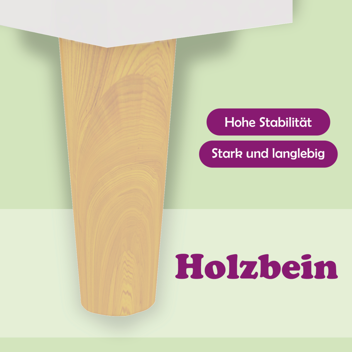 Möbelfuß aus Holz mit hellem Holzmaserungsmuster. Text: "Hohe Stabilität", "Stark und langlebig" und "Holzbein".