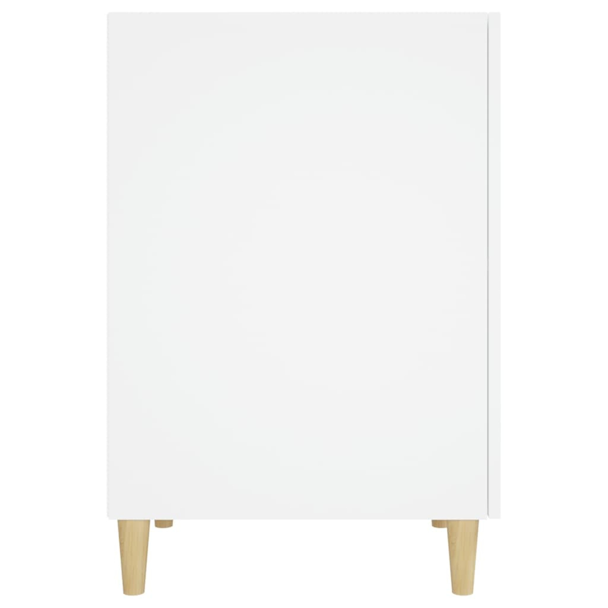 Ein weißer Schrank mit vier hellfarbigen Holzbeinen. Der Schrank ist schlicht und rechteckig, mit einem einfachen, sauberen Design.