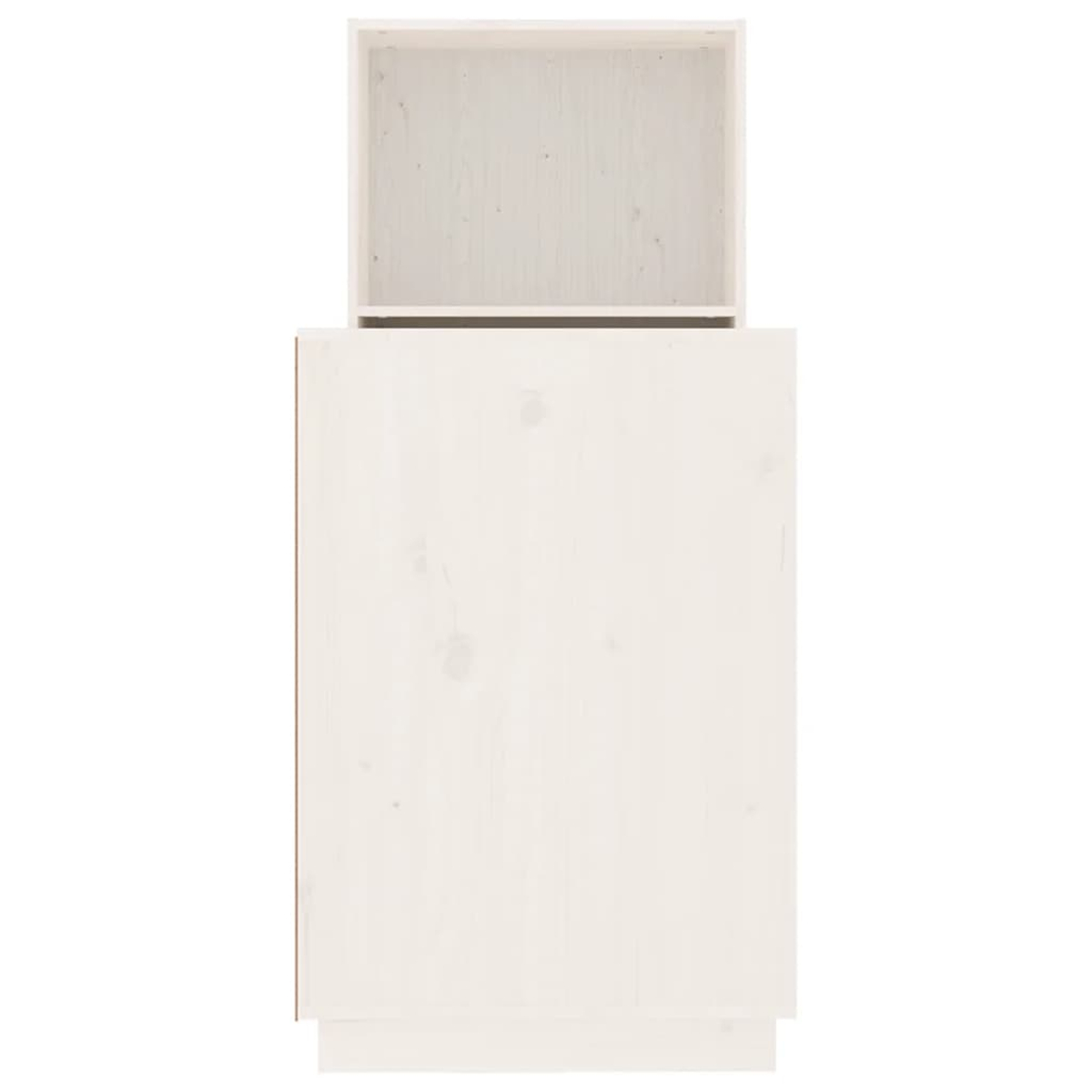 Ein weißer Holzschrank mit einer offenen oberen Schublade. Der Schrank hat eine rechteckige Form und steht vor einem weißen Hintergrund.