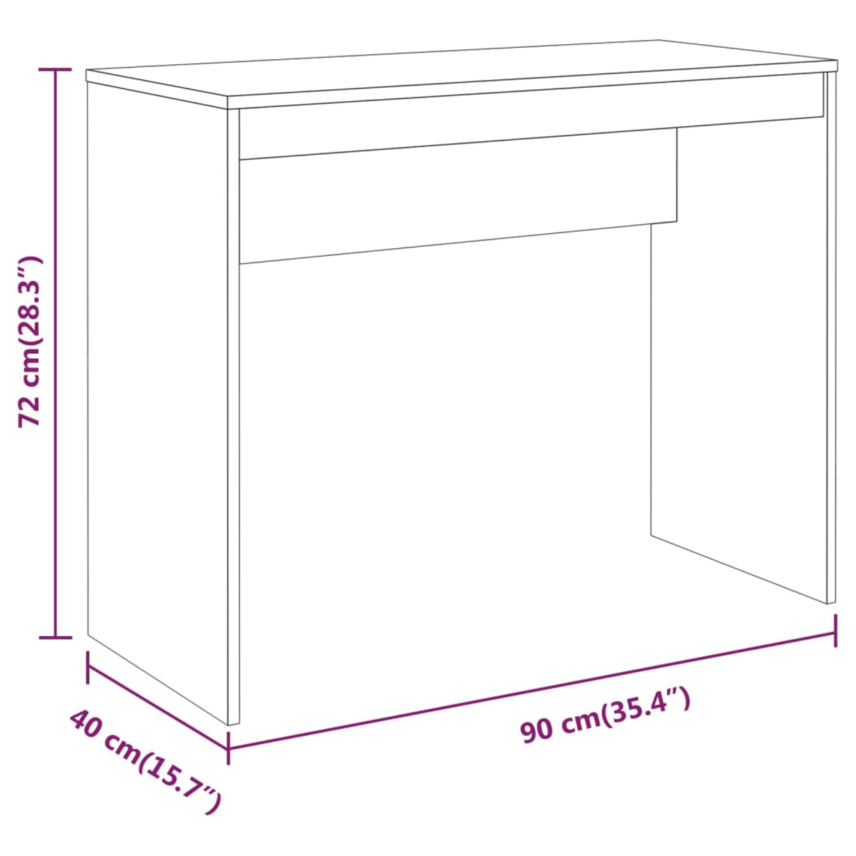 Ein weißer Schreibtisch mit beschrifteten Abmessungen. Der Schreibtisch ist 72 cm hoch, 90 cm breit und 40 cm tief.