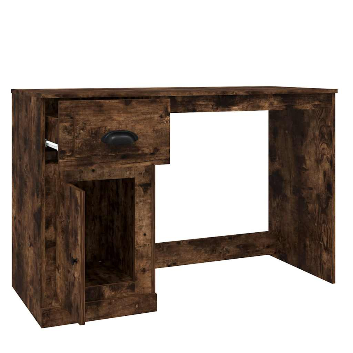 Ein brauner Holzschreibtisch mit offener Schublade und Tür. Der Schreibtisch hat einen schwarzen Griff und steht vor weißem Hintergrund.