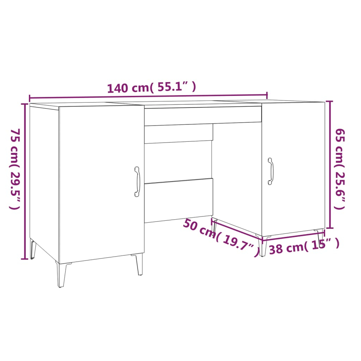 Ein weißer Schreibtisch mit Maßangaben. Er hat an jeder Seite einen Schrank, eine Schublade und Freiraum für einen Stuhl.