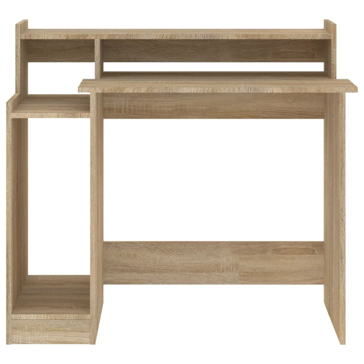 Ein Holzschreibtisch mit Regalen. Der Schreibtisch hat eine hellbraune Farbe. Über und links vom Schreibtisch befinden sich Regale.