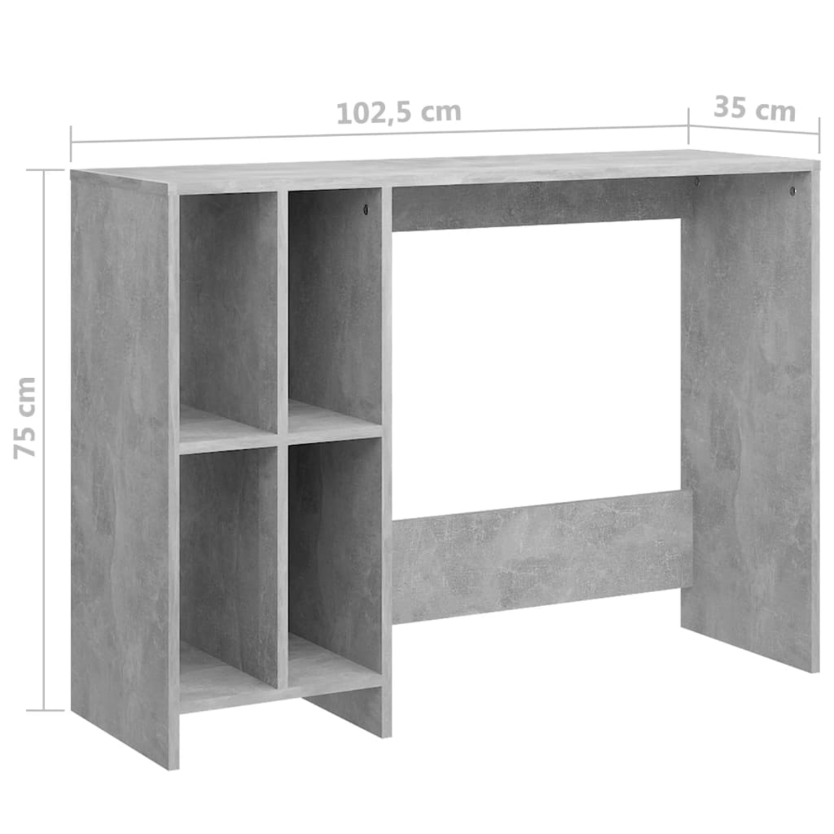Ein grauer Schreibtisch in Betonoptik mit Regalen links und freiem Platz rechts, Maße sind angegeben.