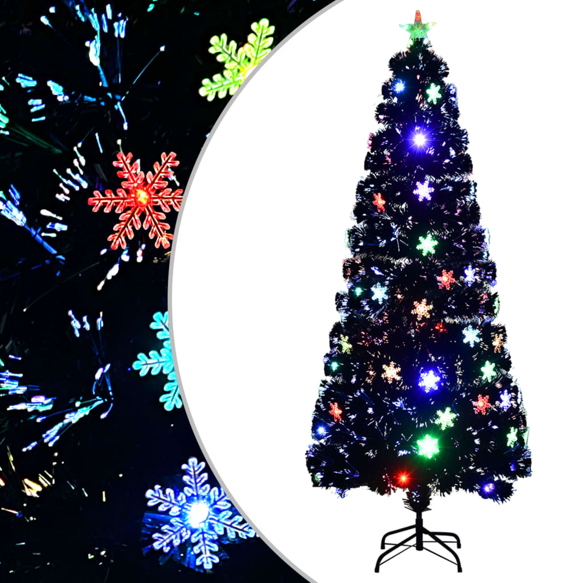 Ein schwarzer Weihnachtsbaum mit bunten Schneeflockenlichtern. Der Hintergrund zeigt weitere Schneeflockenlichter. Ein Stern sitzt auf dem Baum.
