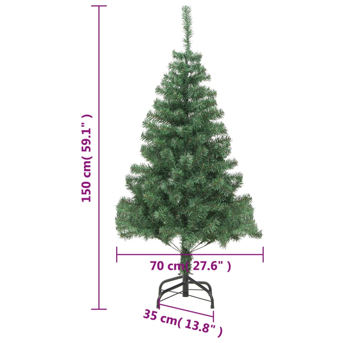 Ein grüner künstlicher Weihnachtsbaum vor weißem Hintergrund. Abmessungen werden angegeben, einschließlich 150 cm Höhe.