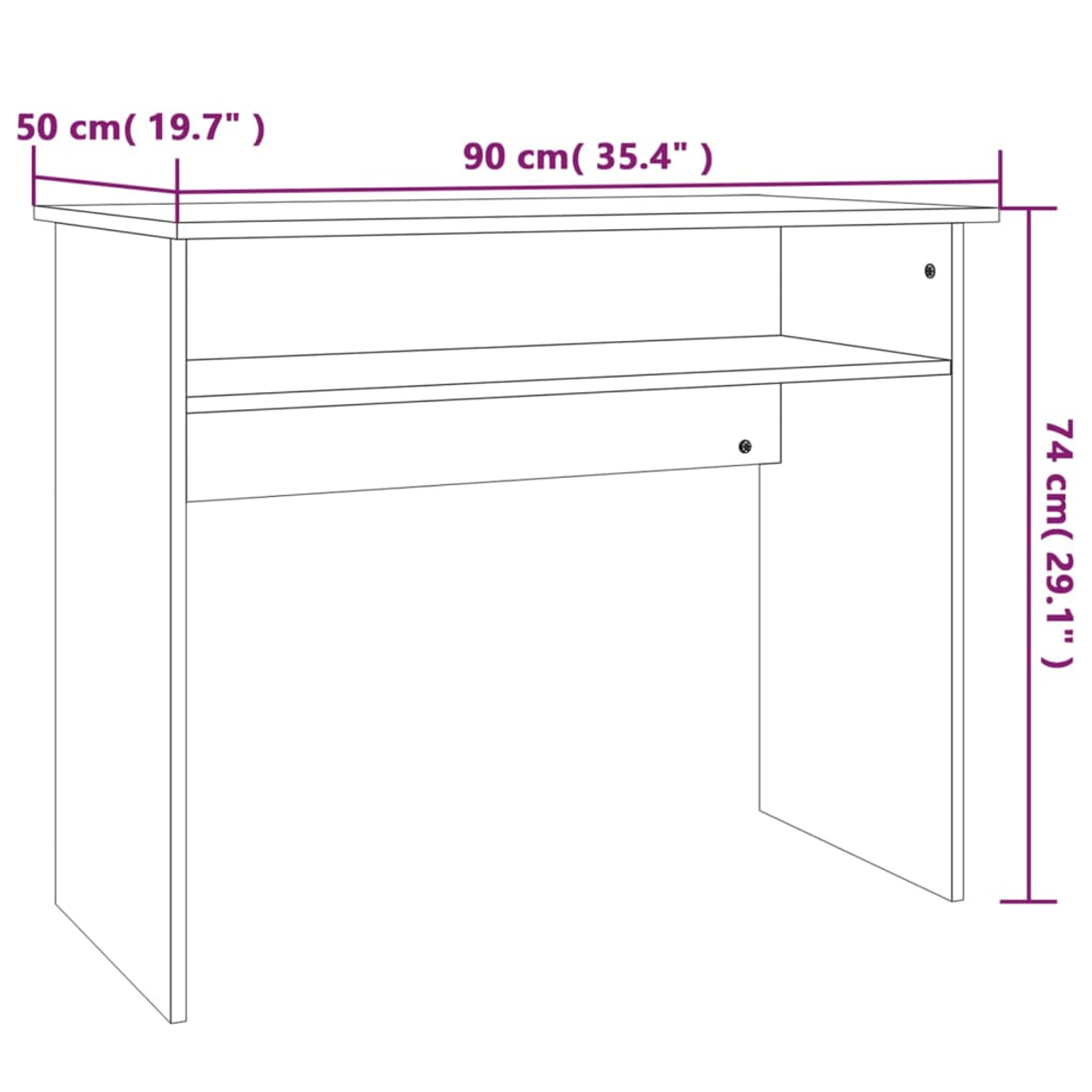 Ein weißer Schreibtisch mit Maßangaben. Er hat eine Oberseite, ein Regal und zwei Beine. Maße: 90 cm breit, 74 cm hoch und 50 cm tief.