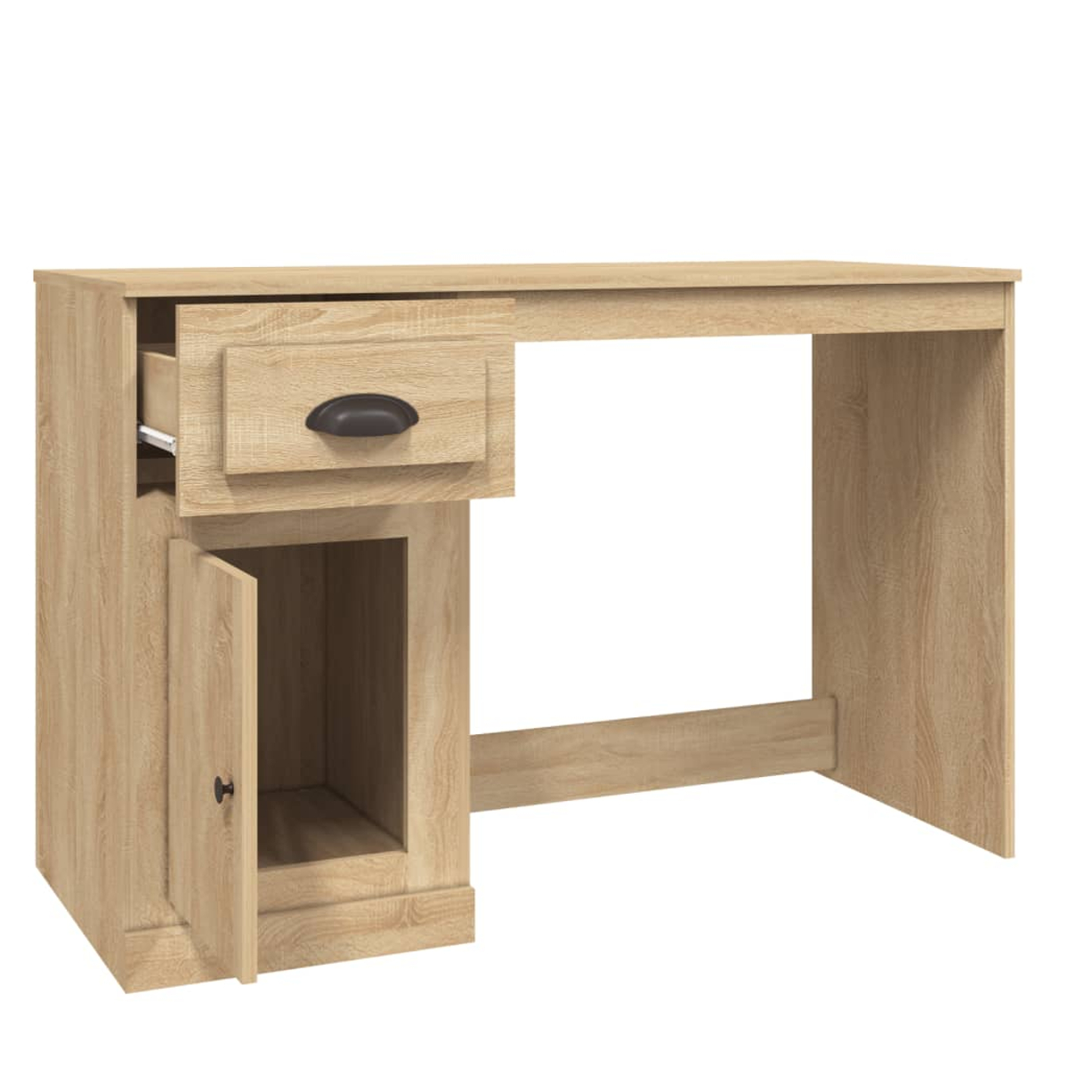 Ein hellbrauner Holzschreibtisch mit Schublade, Schrank und Beinfreiheit. Die Schublade ist offen, die Schranktür steht einen Spalt offen.