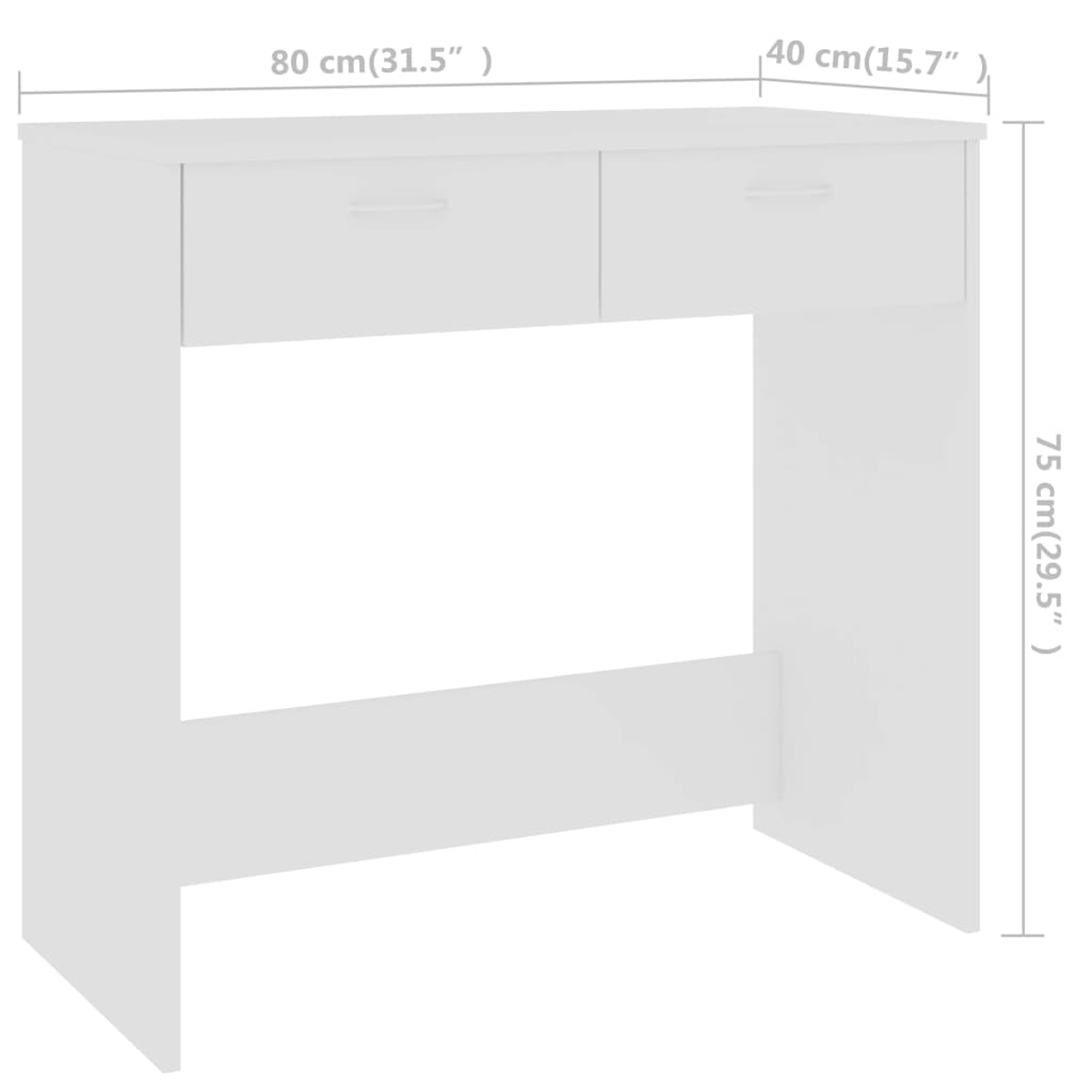 Ein weißer Schminktisch mit zwei Schubladen und zwei Beinen. Maße: 80x40x75cm.