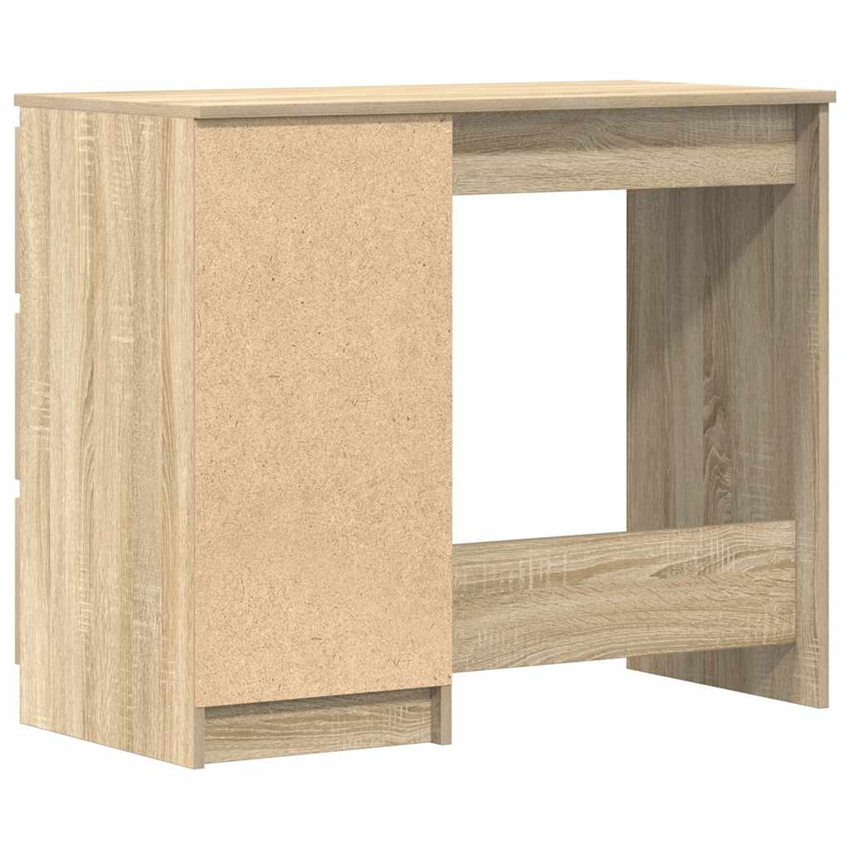 Ein hellbrauner Holzschreibtisch mit einem Schrank links und Freiraum für einen Stuhl rechts.