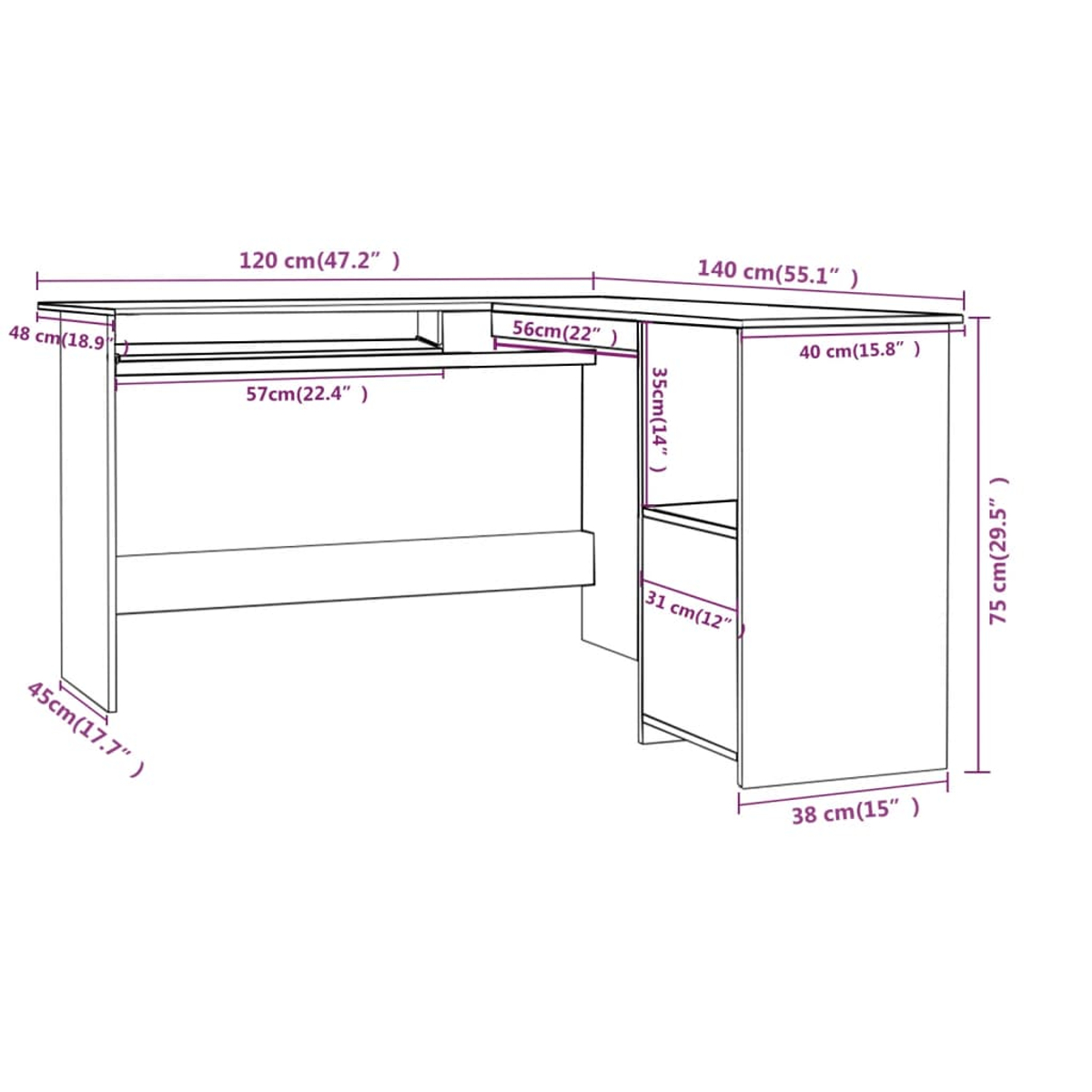 Ein weißer Schreibtisch mit den Maßen: 120 cm, 140 cm, 48 cm, 45 cm, 56 cm, 40 cm, 57 cm, 35 cm, 31 cm, 38 cm und 75 cm.