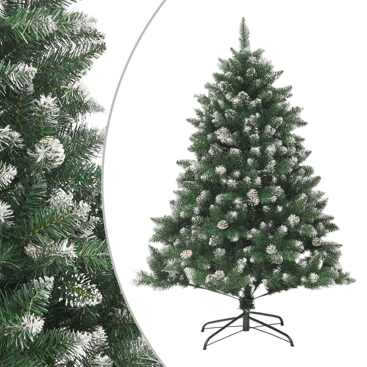 Ein grüner künstlicher Weihnachtsbaum mit weißen, schneeweißen Akzenten und Tannenzapfen. Der Baum steht auf einem schwarzen Metallständer.