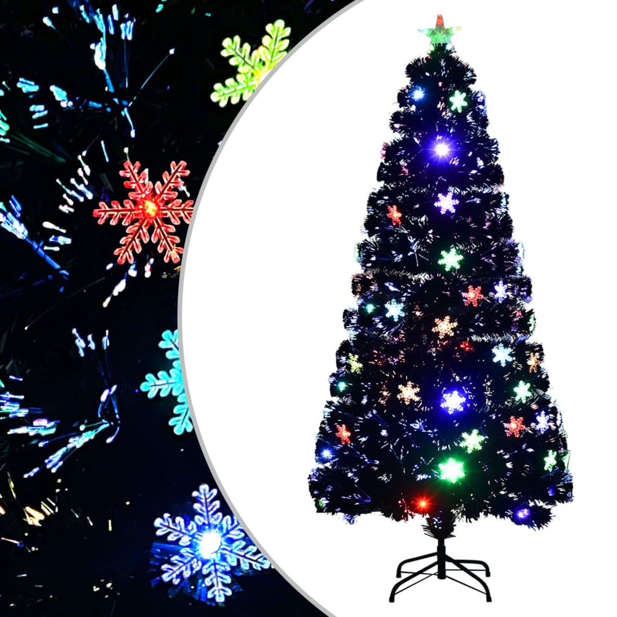 Ein schwarzer Weihnachtsbaum mit Schneeflockenornamenten und mehrfarbigen Lichtern vor weißem Hintergrund und dunklem, verschwommenem Hintergrund.