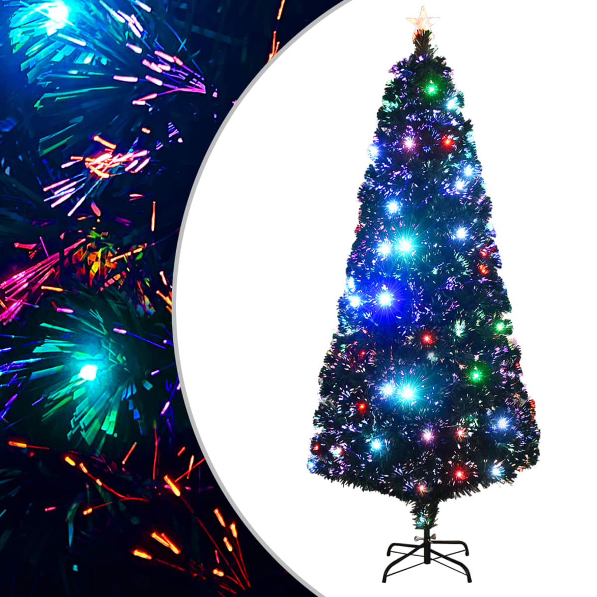 Ein geschmückter Weihnachtsbaum mit bunten Lichtern, einem Stern oben und einem schwarzen Ständer. Der Hintergrund ist weiß.