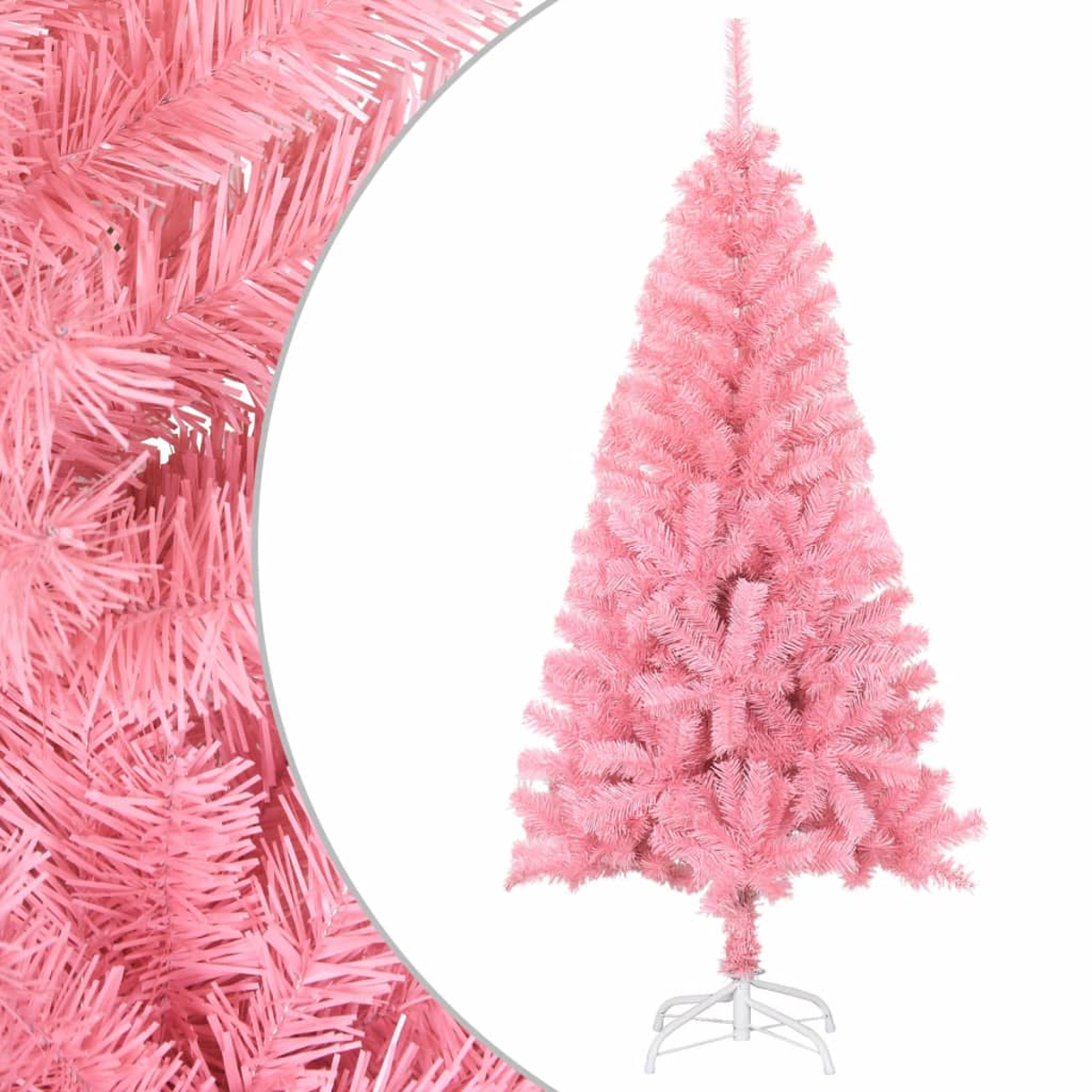 Ein rosa künstlicher Weihnachtsbaum auf einem weißen Ständer. Nahaufnahme zeigt rosa Nadeln. Der Hintergrund ist weiß.