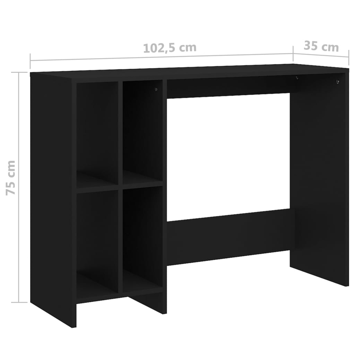 Schwarzer Schreibtisch mit beschrifteten Abmessungen. Er hat Regale links und eine große Öffnung für einen Stuhl. Der Schreibtisch steht vor weißem Hintergrund.