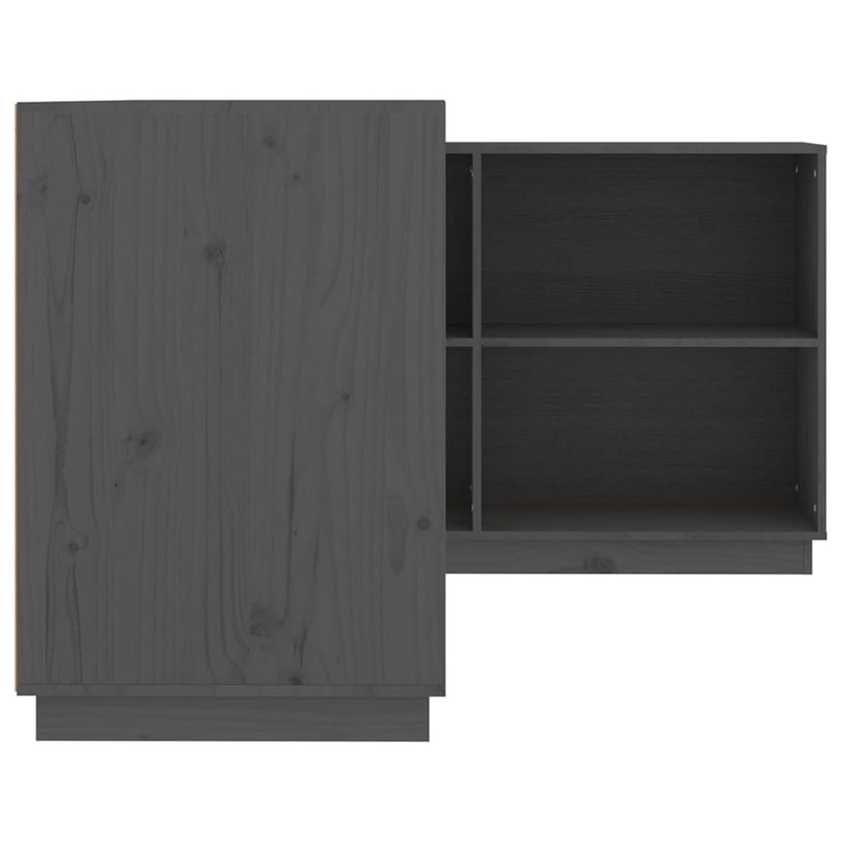 Ein grauer Holzschrank mit offenen Regalen. Die Schranktür ist geöffnet und gibt die Regale frei. Die Holzmaserung ist sichtbar.
