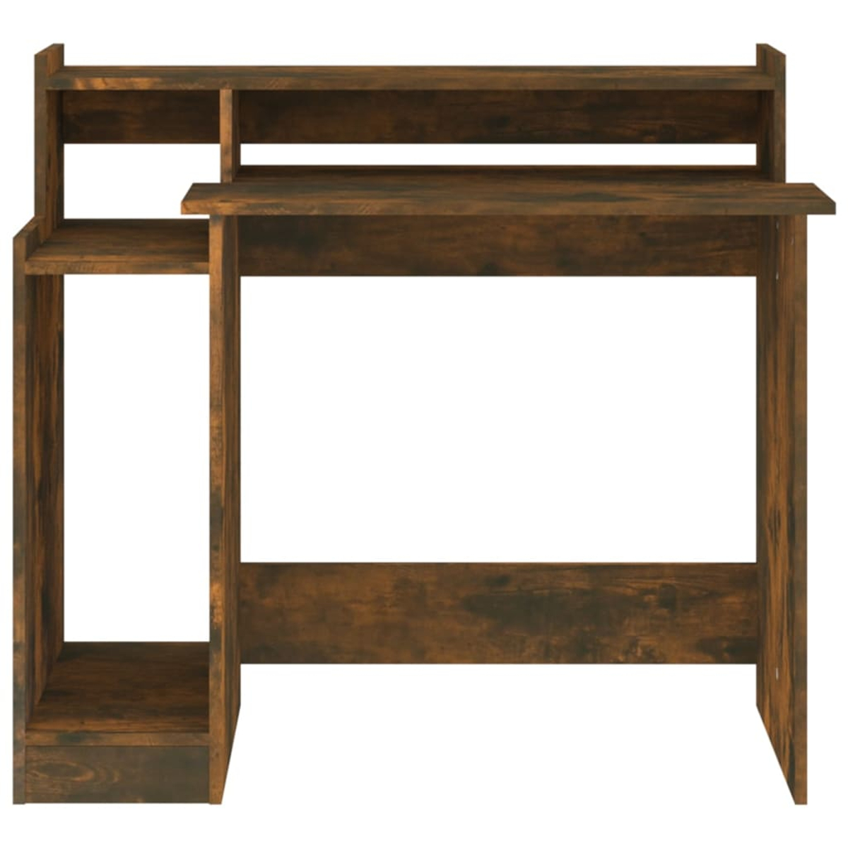 Ein brauner Holzschreibtisch mit Regalen und einem seitlichen Stauraum. Der Schreibtisch ist leer, mit weißem Hintergrund.