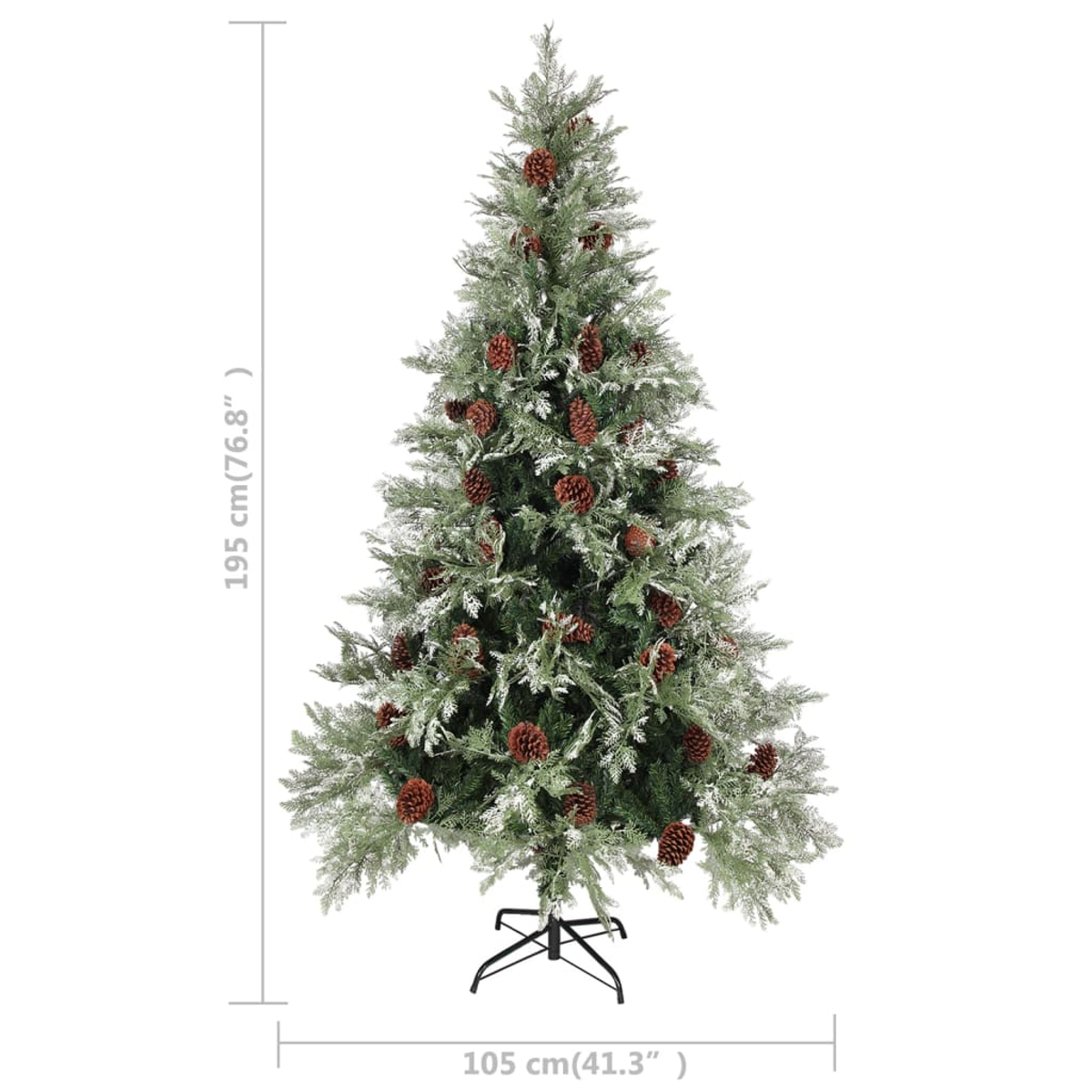 Ein hoher künstlicher Weihnachtsbaum mit Tannenzapfen. Er hat grüne Nadeln mit weißen Akzenten. Ein schwarzer Metallständer stützt den Baum.