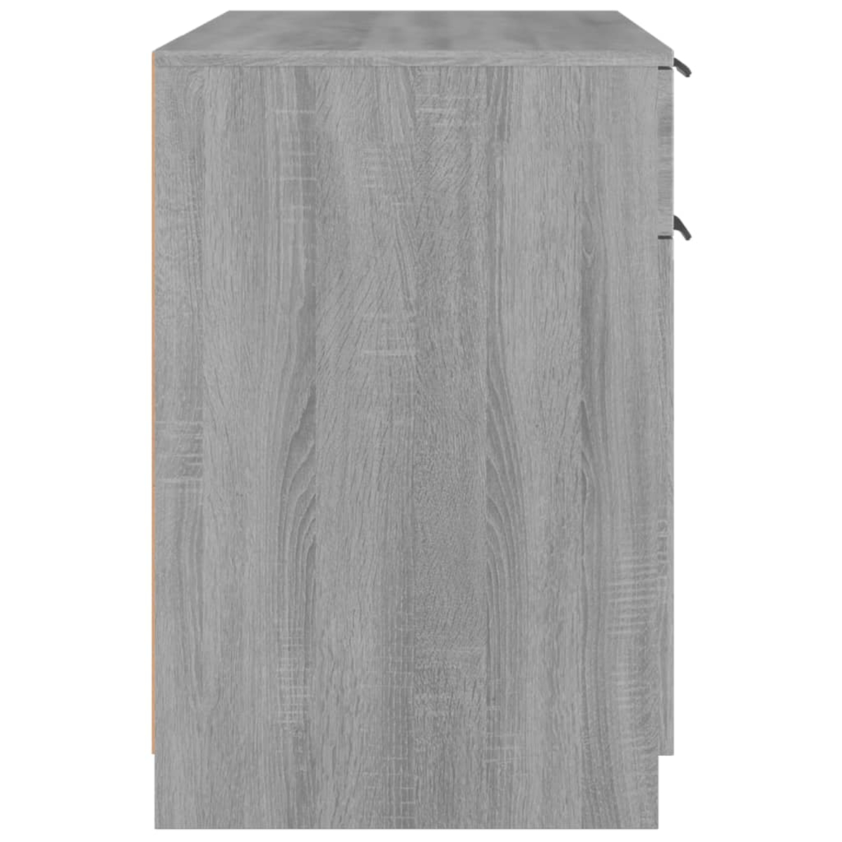 Ein grauer Holzschrank mit strukturierter Oberfläche. Der Schrank hat zwei kleine schwarze Griffe und eine hellbraune Kante.