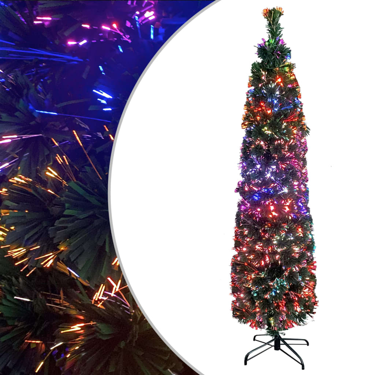Ein hoher, schlanker künstlicher Weihnachtsbaum mit Glasfaserlichtern. Die Lichter sind farbenfroh und der Baum steht auf einem schwarzen Metallständer.