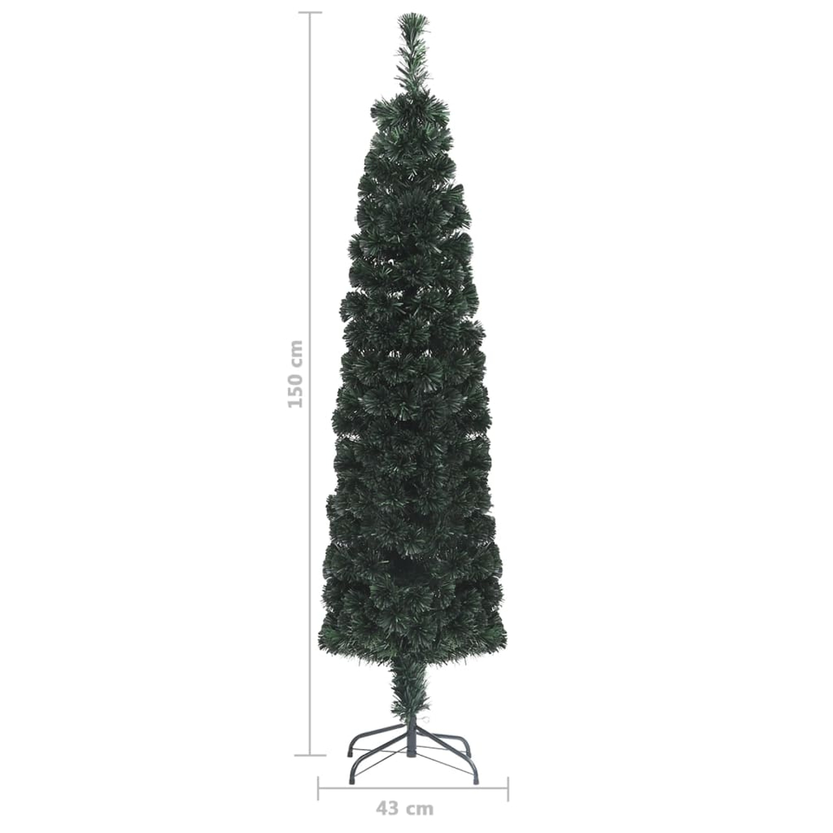 Ein hoher, grüner, künstlicher Weihnachtsbaum steht auf einem Metallständer. Er ist 150 cm hoch und 43 cm breit.